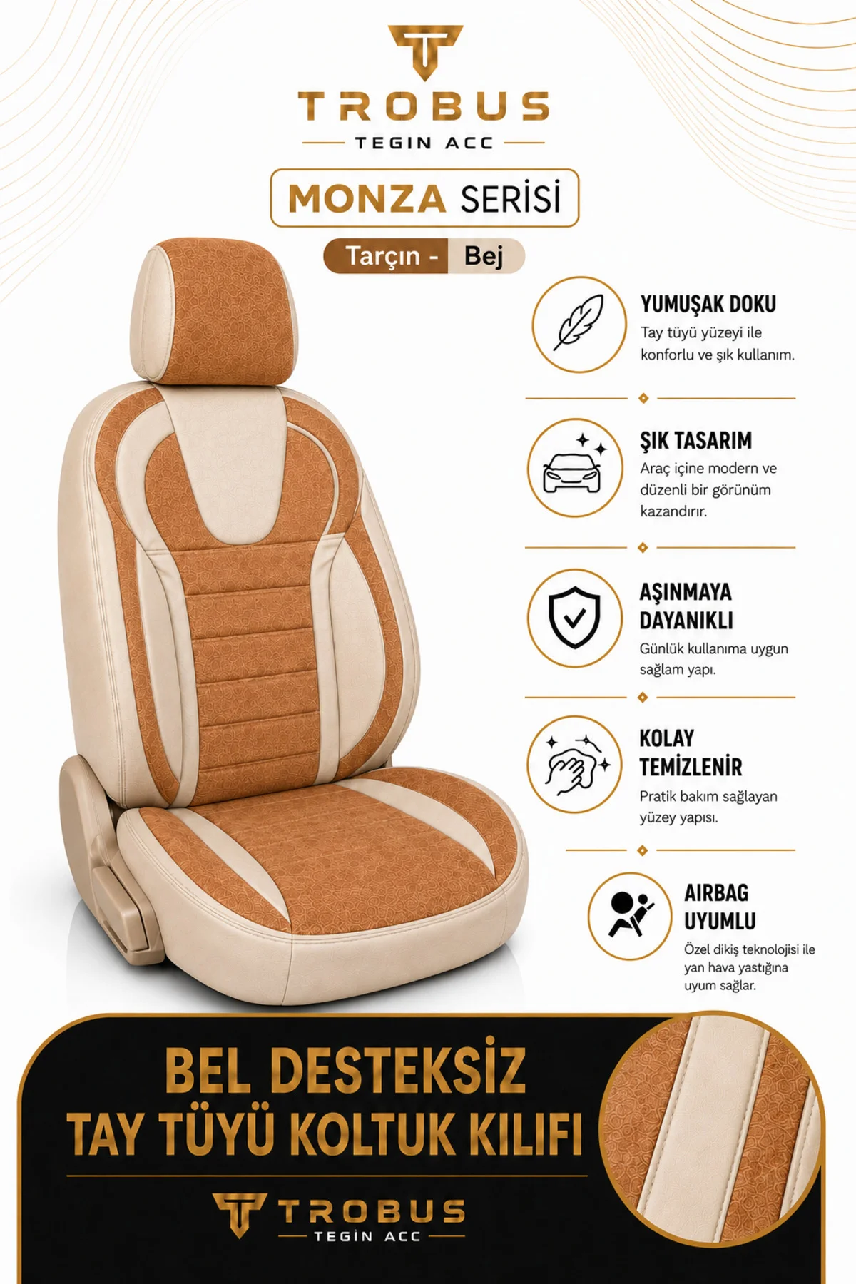 Ford Focus 2018+ Uyumlu Monza Serisi Sport Tay Tüyü Kadife Tarçın Bej Koltuk Kılıfı Fiyatı, Yorumları ve Özellikleri
