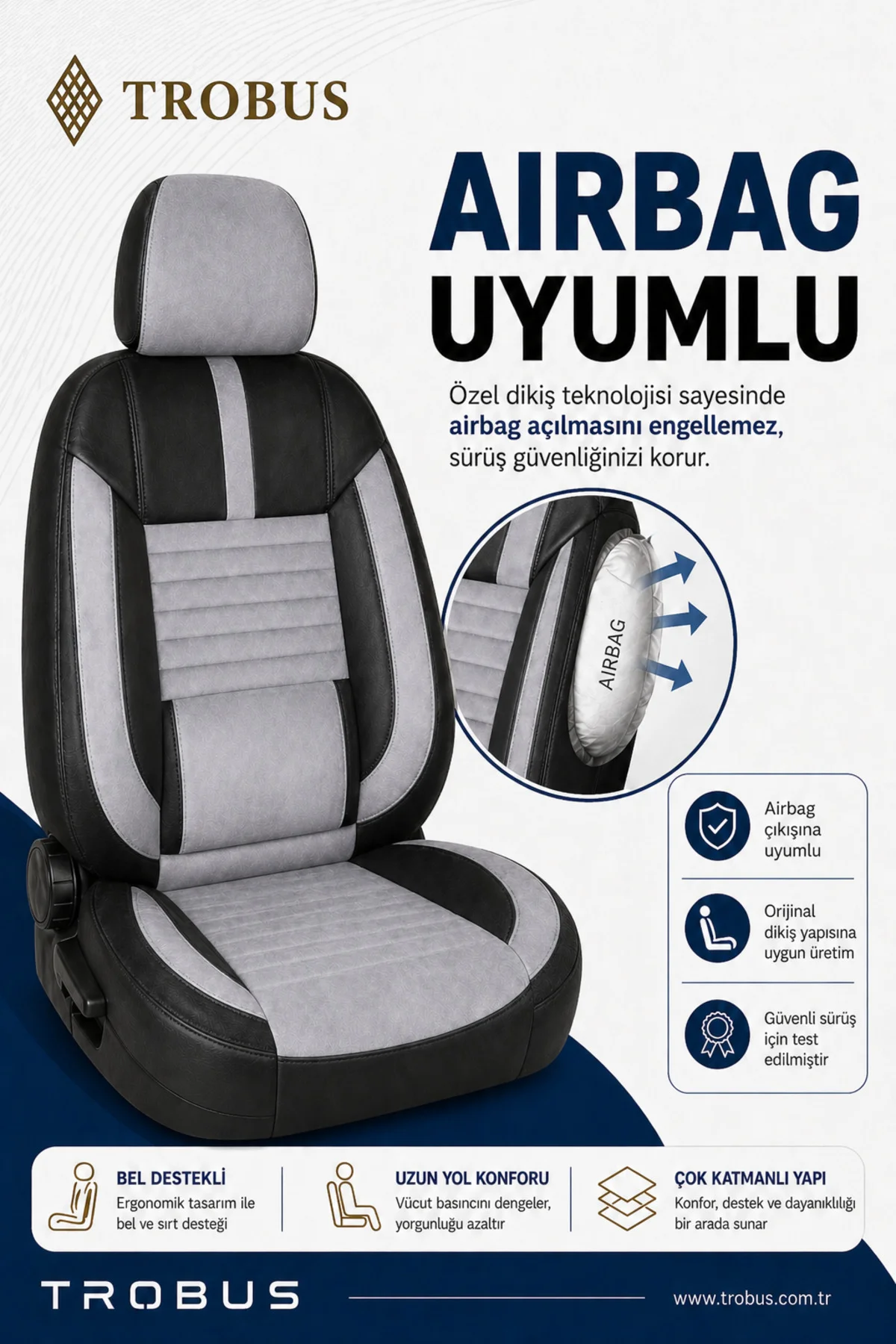 Ford Focus 2018+ Uyumlu Apex Serisi Tay Tüyü Bel Destekli Gri Siyah Premium Koltuk Kılıfı