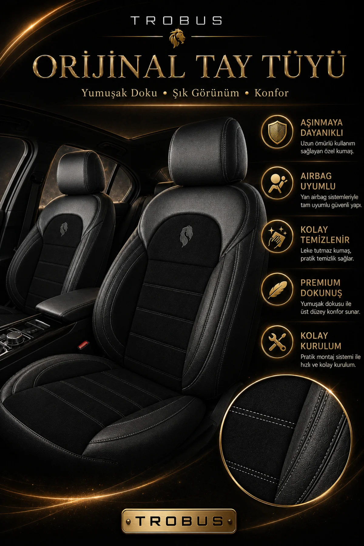Ford Focus Sedan 2011-2018 Uyumlu Lion Serisi Tay Tüyü Siyah Premium Koltuk Kılıfı
