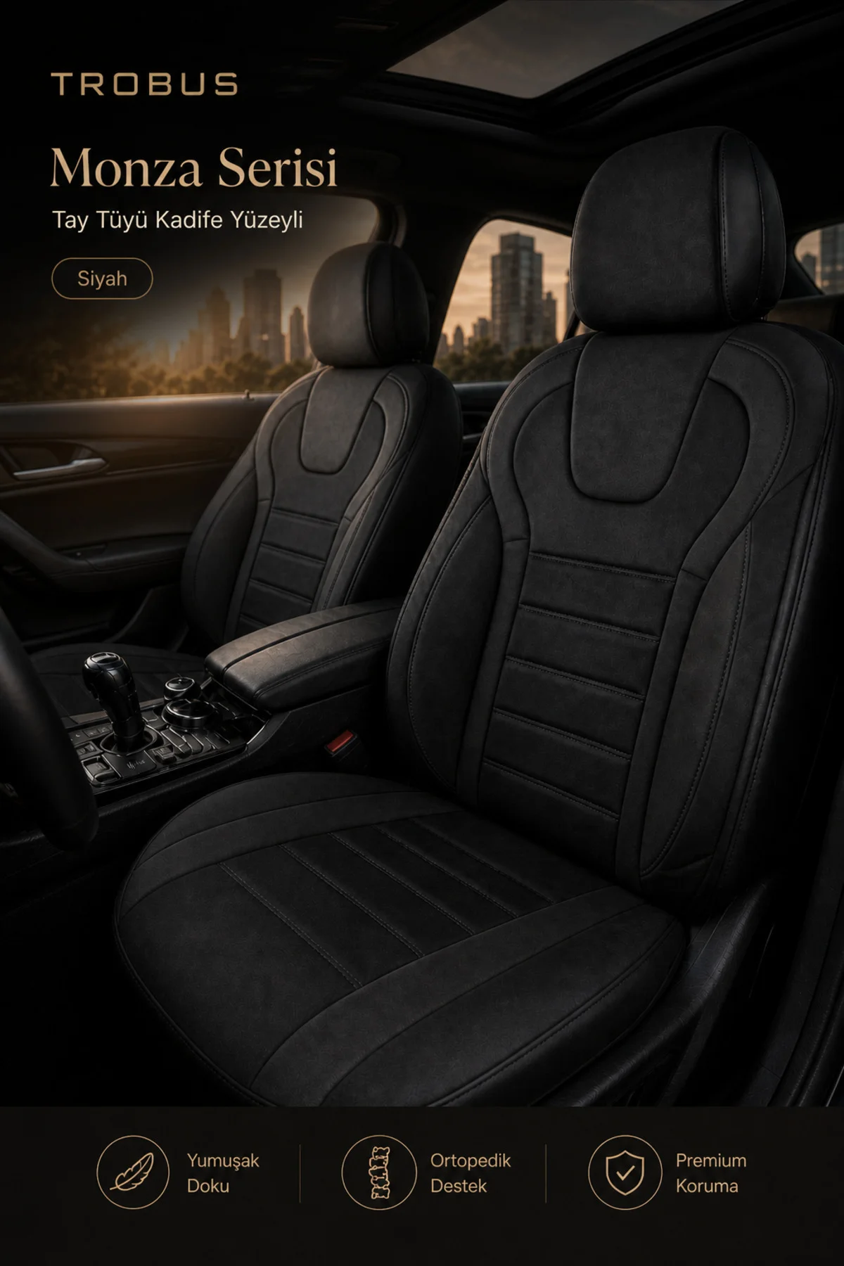 Ford Focus Sedan 2011-2018 Uyumlu Monza Serisi Sport Tay Tüyü Kadife Siyah Koltuk Kılıfı