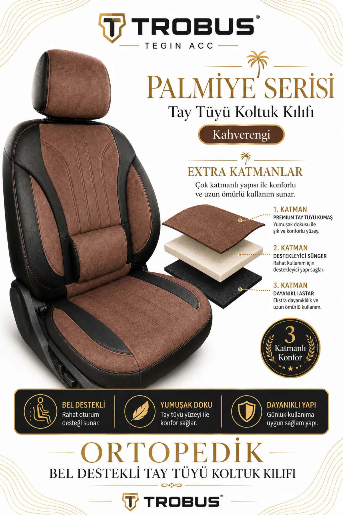 Ford Focus Sedan 2011-2018 Uyumlu Palmiye Serisi Taba Siyah Bel Destekli Tay Tüyü Koltuk Kılıfı