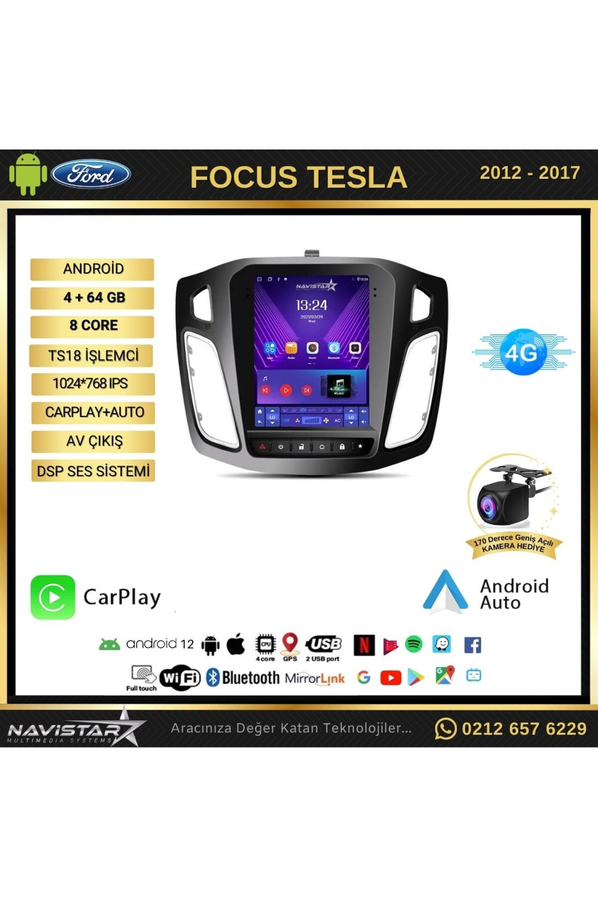 Ford Focus Tesla 4gb 64gb 2012-2018 Model Kablosuz Carplay Naviga
