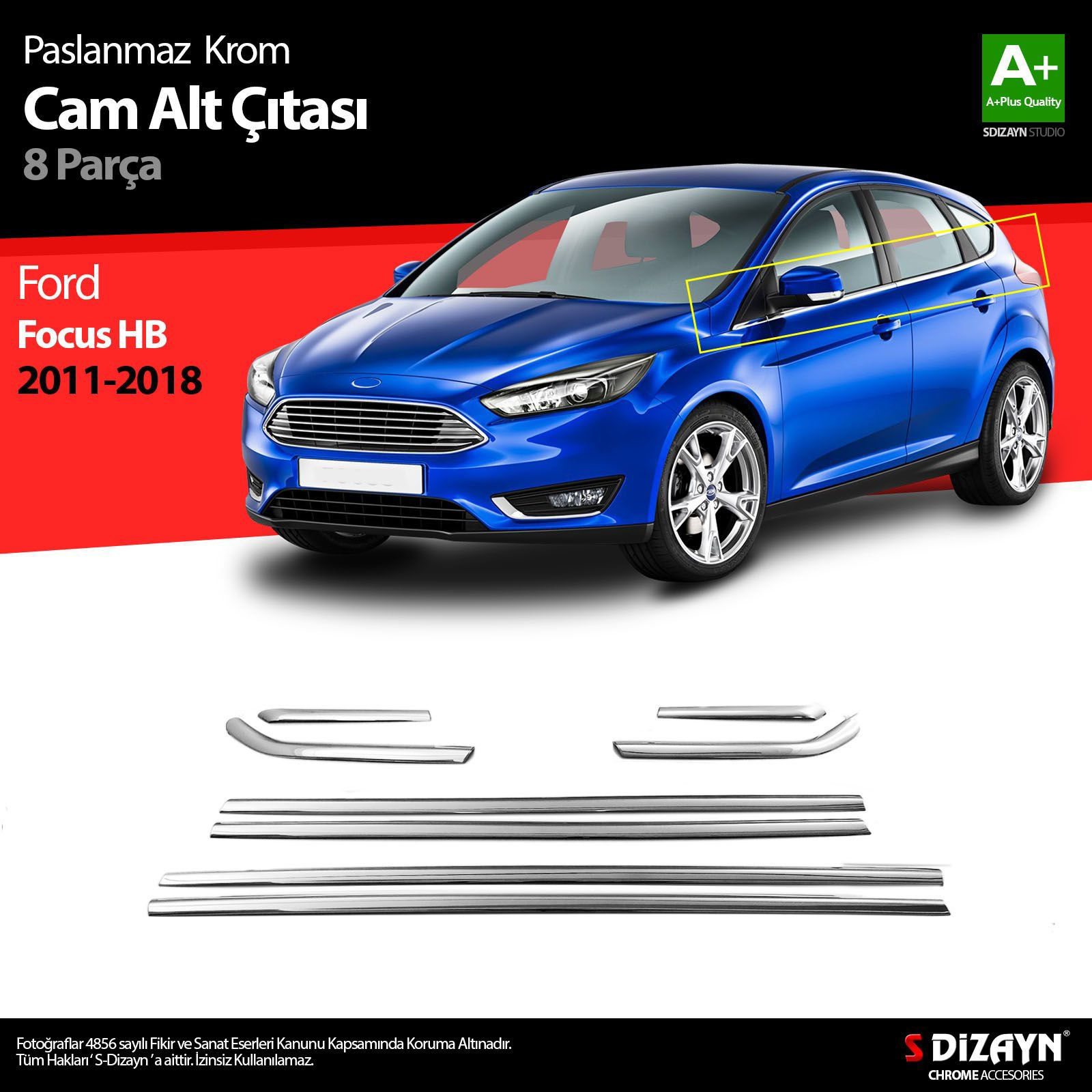 Ford Focus Uyumlu 3 Hatchback Krom Cam Çıtası 8 Parça 2011-2018 Ford Focus Uyumlu 3 Hatchback Krom Cam Çıtası 8 Parça 2011-2018