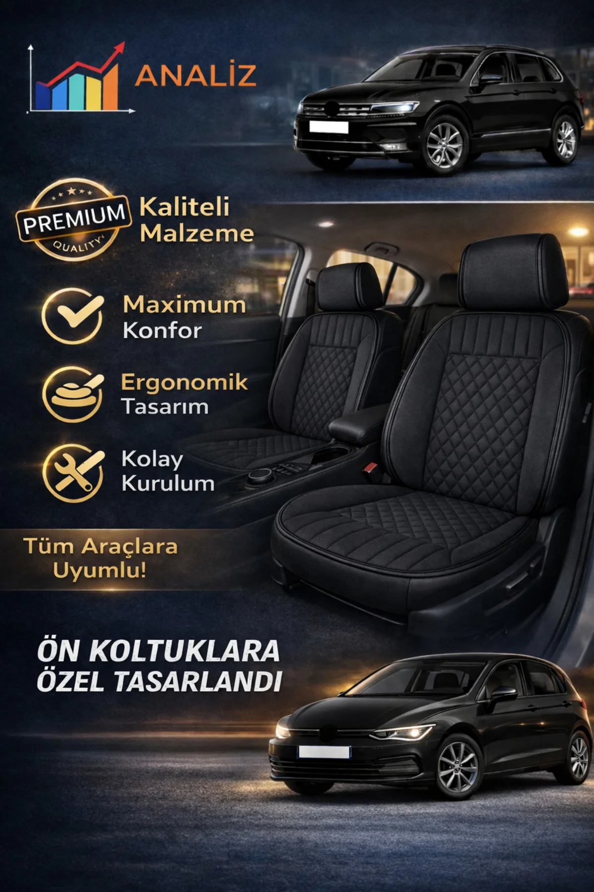 Ford Kuga 2008-2012 Uyumlu Eren Daimond Siyah 2'li Minder Seti