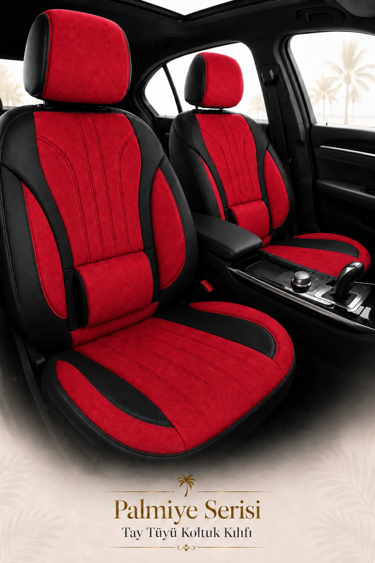 Ford Kuga 2008-2012 Uyumlu Palmiye Serisi Kırmızı Siyah Bel Destekli Tay Tüyü Koltuk Kılıfı
