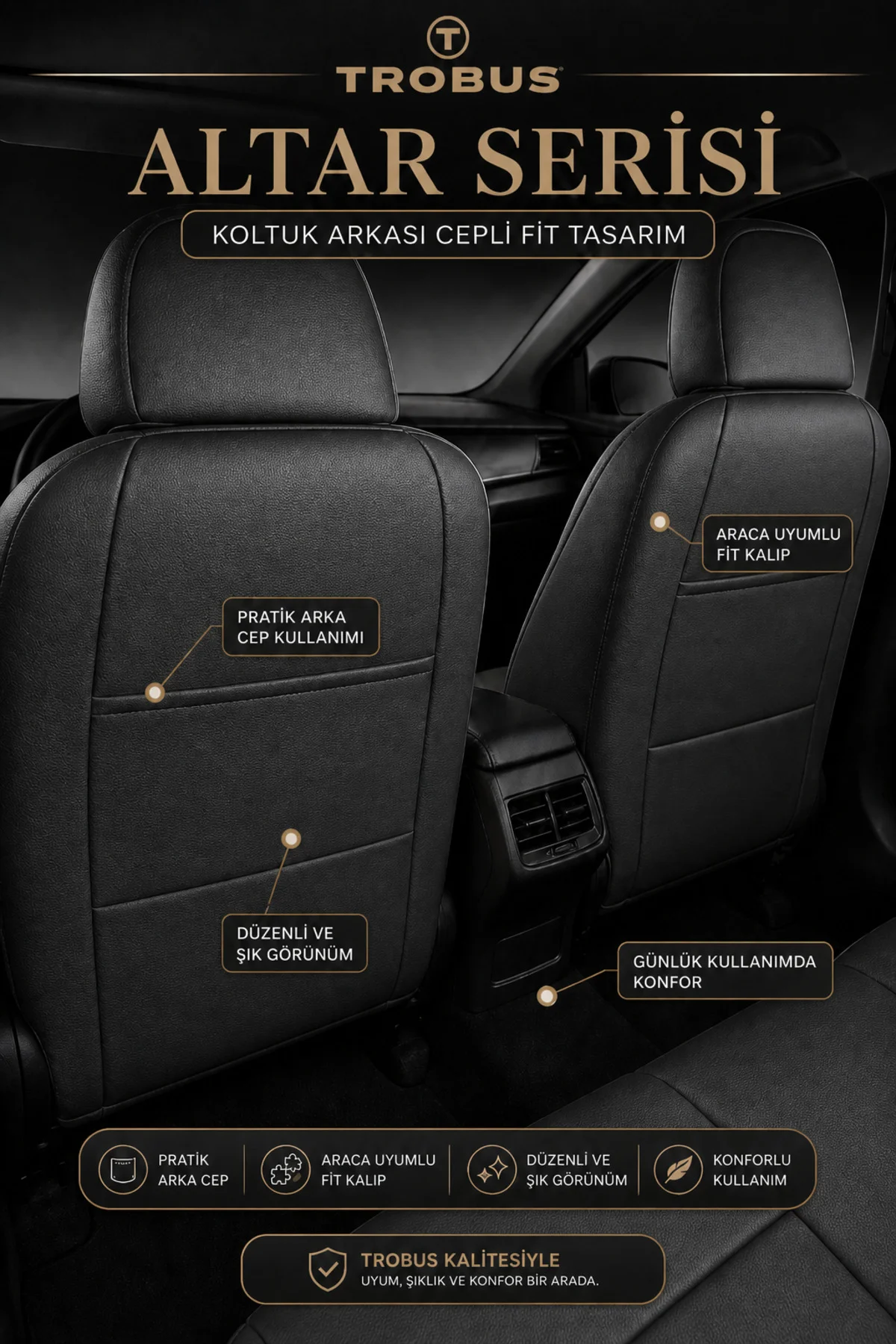 Ford Kuga 2008-2012 Uyumlu Altar Serisi Tay Tüyü Siyah Premium Koltuk Kılıfı