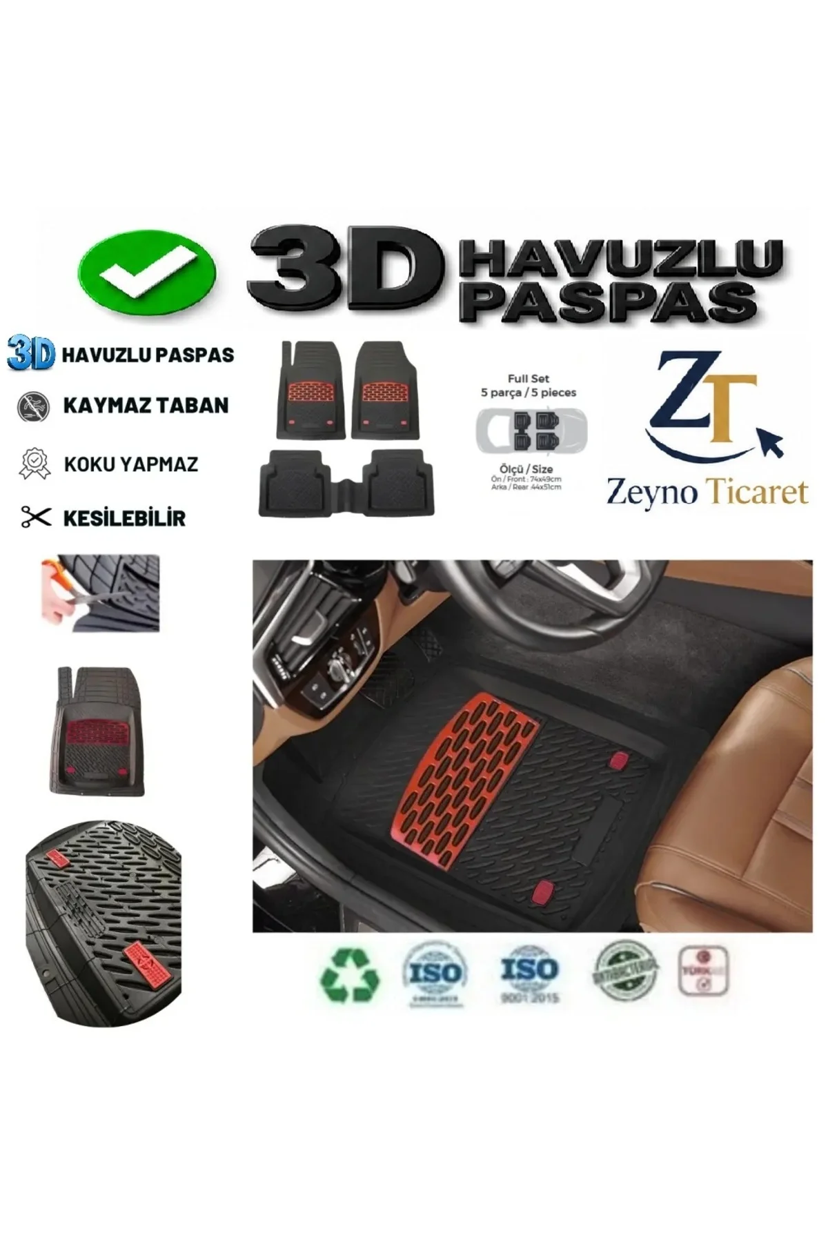 Ford Kuga 2022 4 Cm Derin Havuzlu 5 Parça 3D Universal Oto Paspas Siyah-Kırmızı