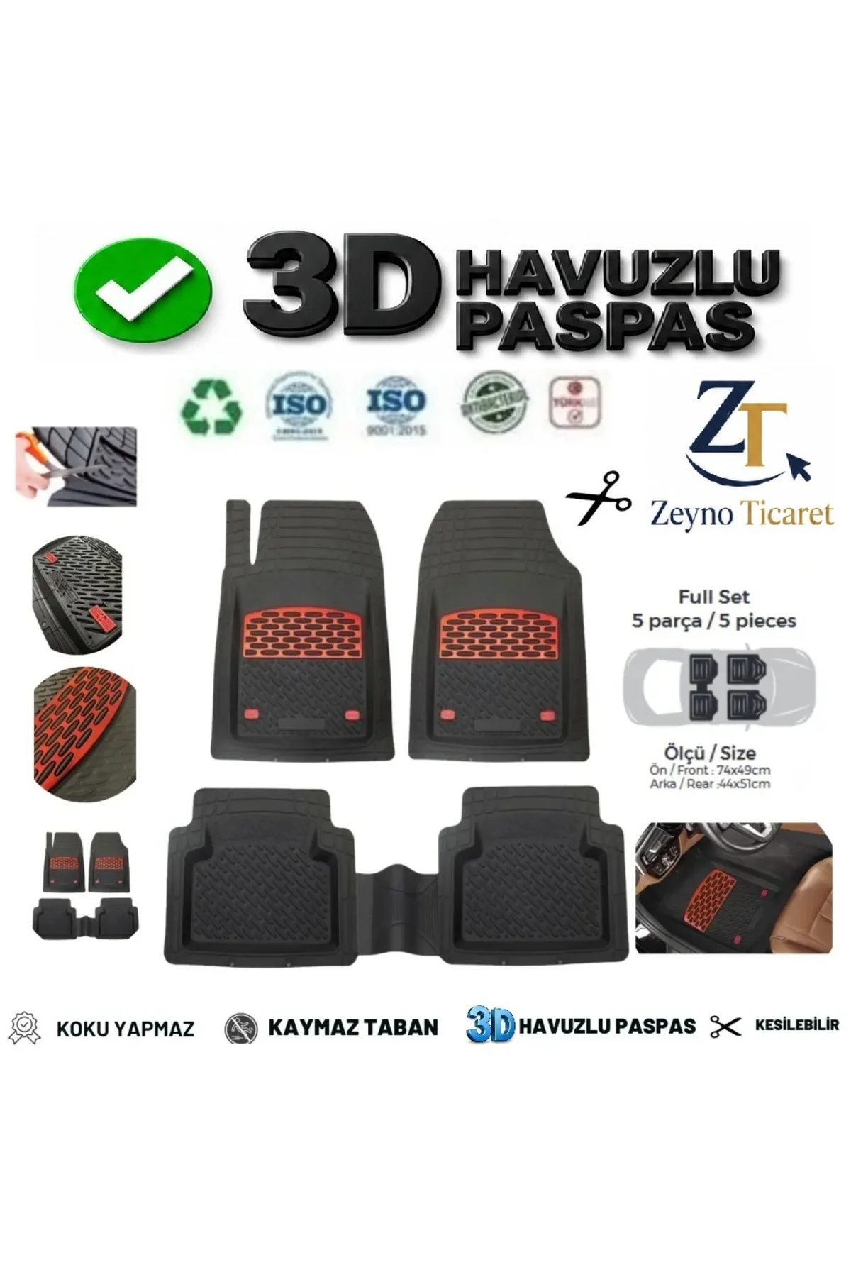 Ford Kuga 2022 4 Cm Derin Havuzlu 5 Parça 3D Universal Oto Paspas Siyah-Kırmızı
