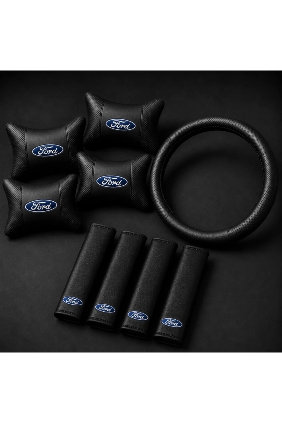 Ford Logolu 9 Parça Oto Boyun Yastığı Kemer Pedi ve Direksiyon Kılıfı Seti Siyah Deri Görünümlü Ford Logolu 9 Parça Oto Boyun Yastığı Kemer Pedi ve Direksiyon Kılıfı Seti Siyah Deri Görünümlü - Görsel 2
