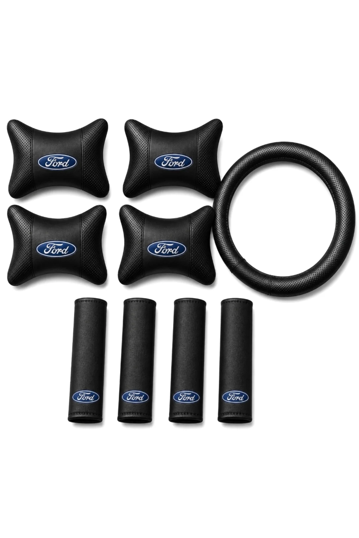 Ford Logolu 9 Parça Oto Boyun Yastığı Kemer Pedi ve Direksiyon Kılıfı Seti Siyah Deri Görünümlü Ford Logolu 9 Parça Oto Boyun Yastığı Kemer Pedi ve Direksiyon Kılıfı Seti Siyah Deri Görünümlü