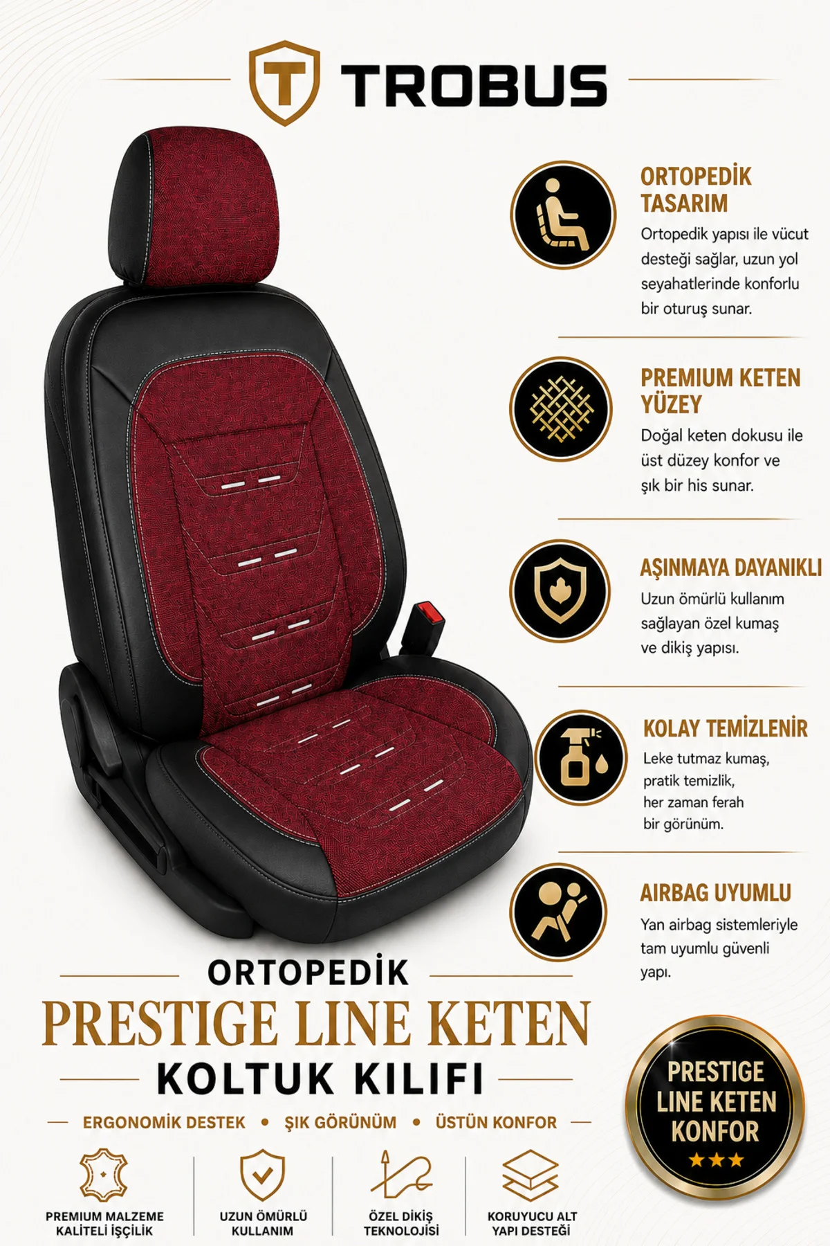 Ford Puma 2020+ Uyumlu Prestige Line Keten Serisi Kırmızı Siyah Koltuk Kılıfı