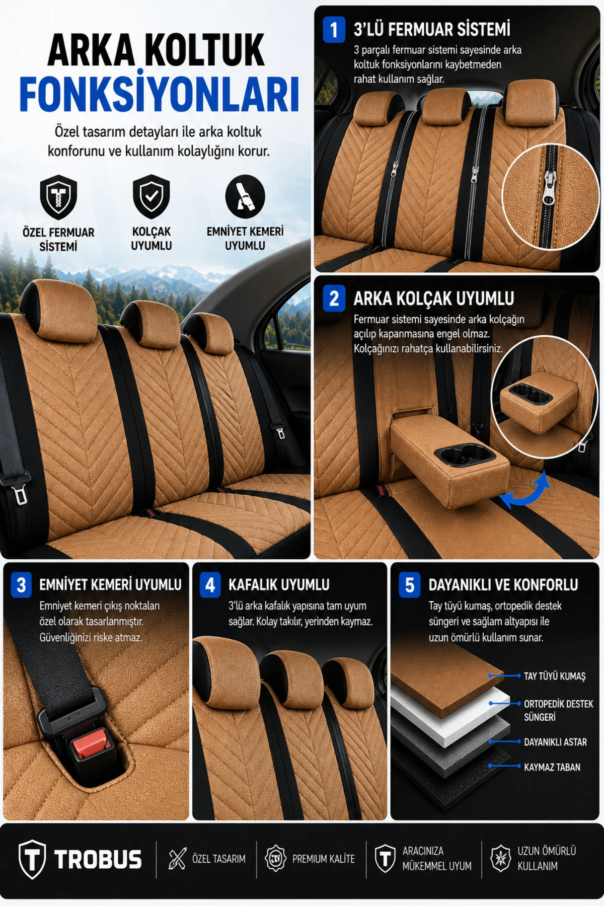Ford Ranger 2007-2018 Uyumlu Süvari Serisi Tay Tüyü Taba Premium Koltuk Kılıfı