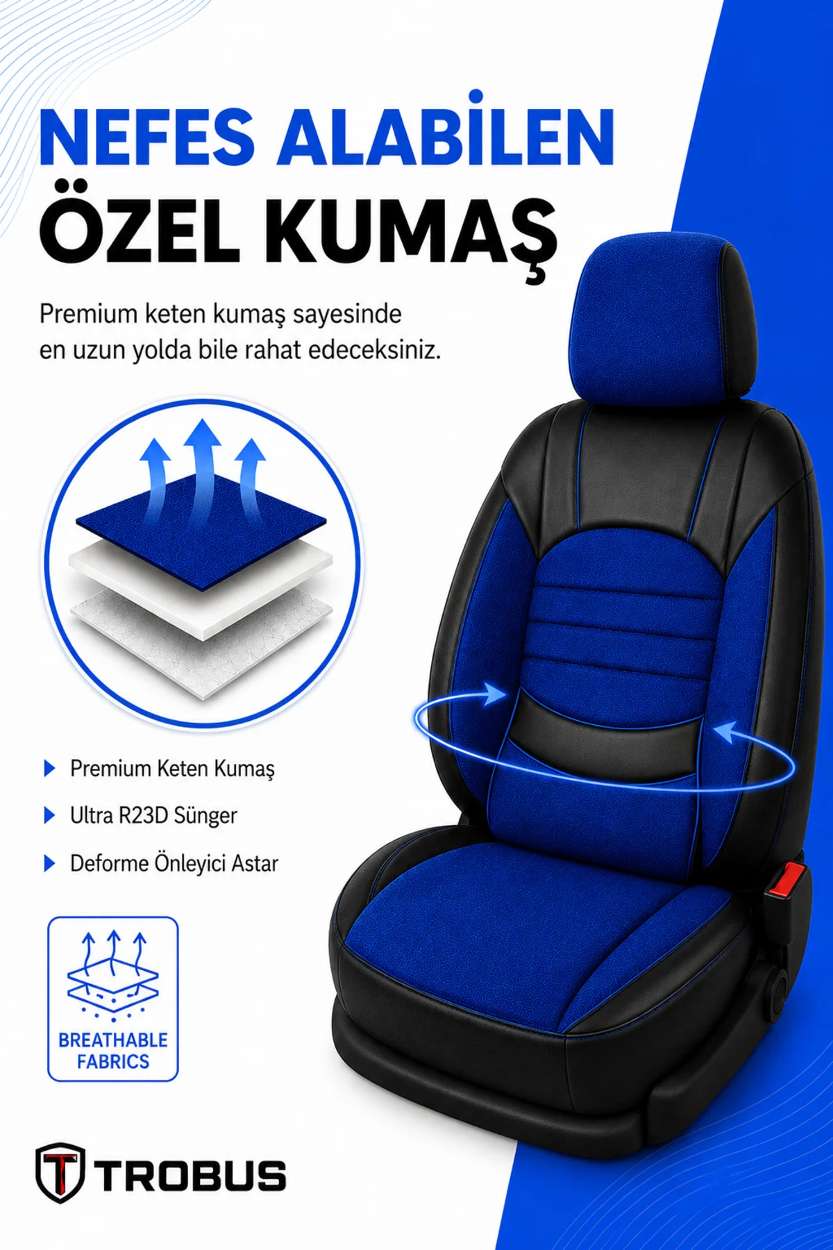 Ford Ranger 2007-2018 Uyumlu Levante Serisi Bel Destekli Keten Mavi Siyah Koltuk Kılıfı