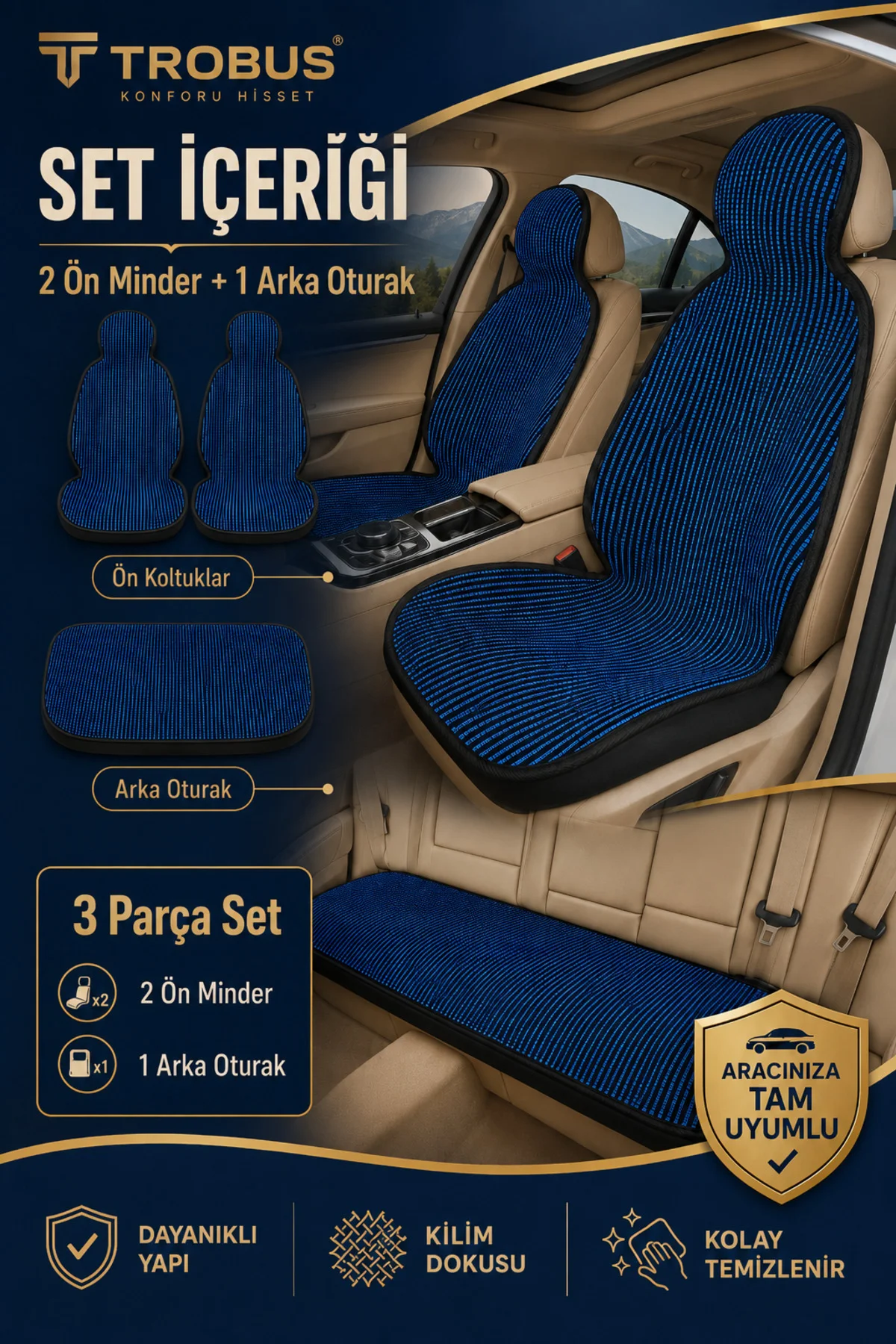 Ford Ranger 2007-2011 Üniversal Örme 3 Parça Minder Terletmez Kaymaz Taban Siyah Mavi - Görsel 2