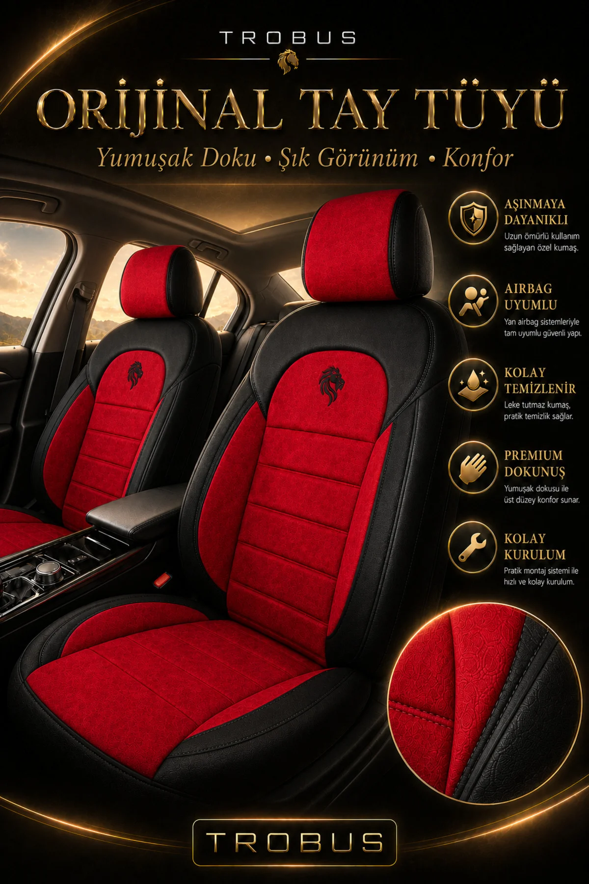 Ford Ranger 2007-2018 Uyumlu Lion Serisi Tay Tüyü Kırmızı Siyah Premium Koltuk Kılıfı Fiyatı, Yorumları ve Özellikleri