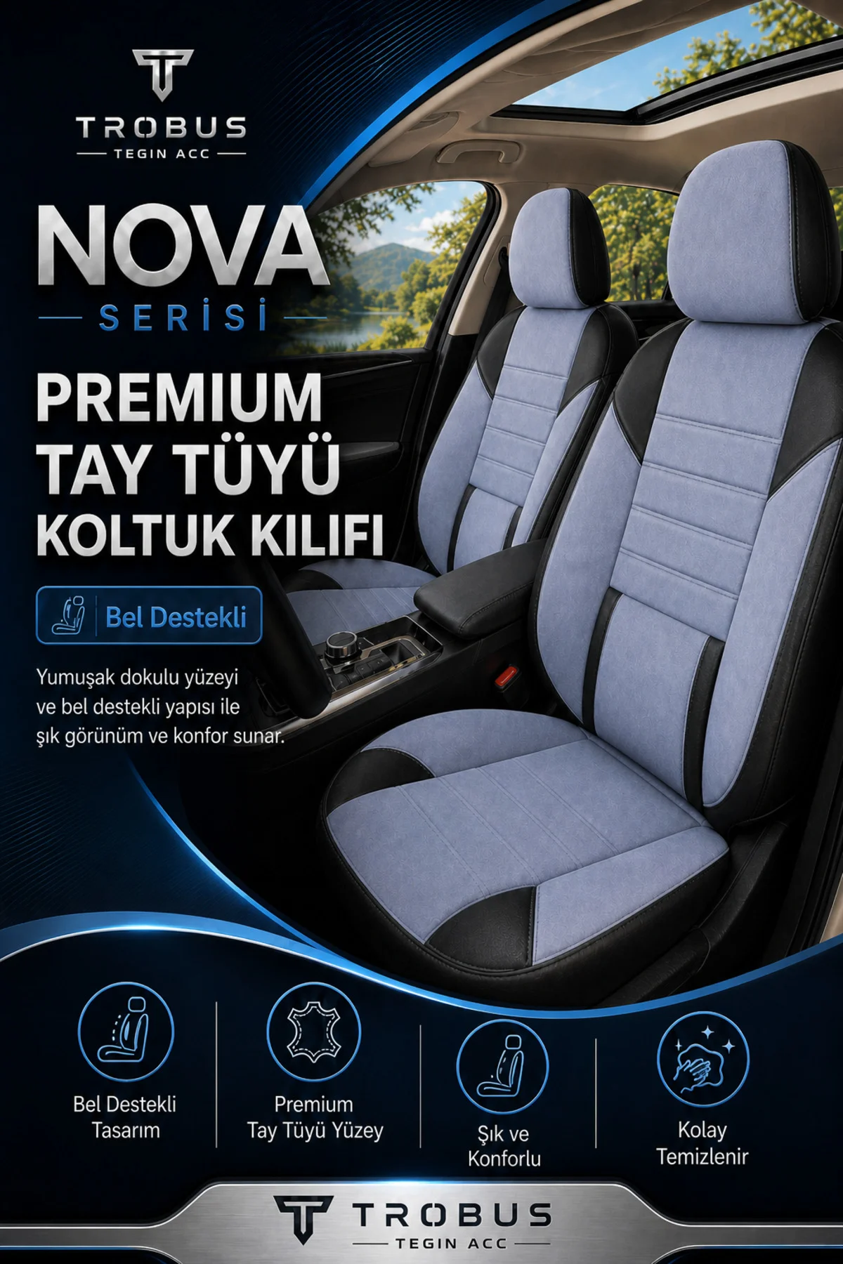 Ford Ranger 2012-2018 Uyumlu Nova Serisi Tay Tüyü Bel Destekli Gri Siyah Premium Koltuk Kılıfı