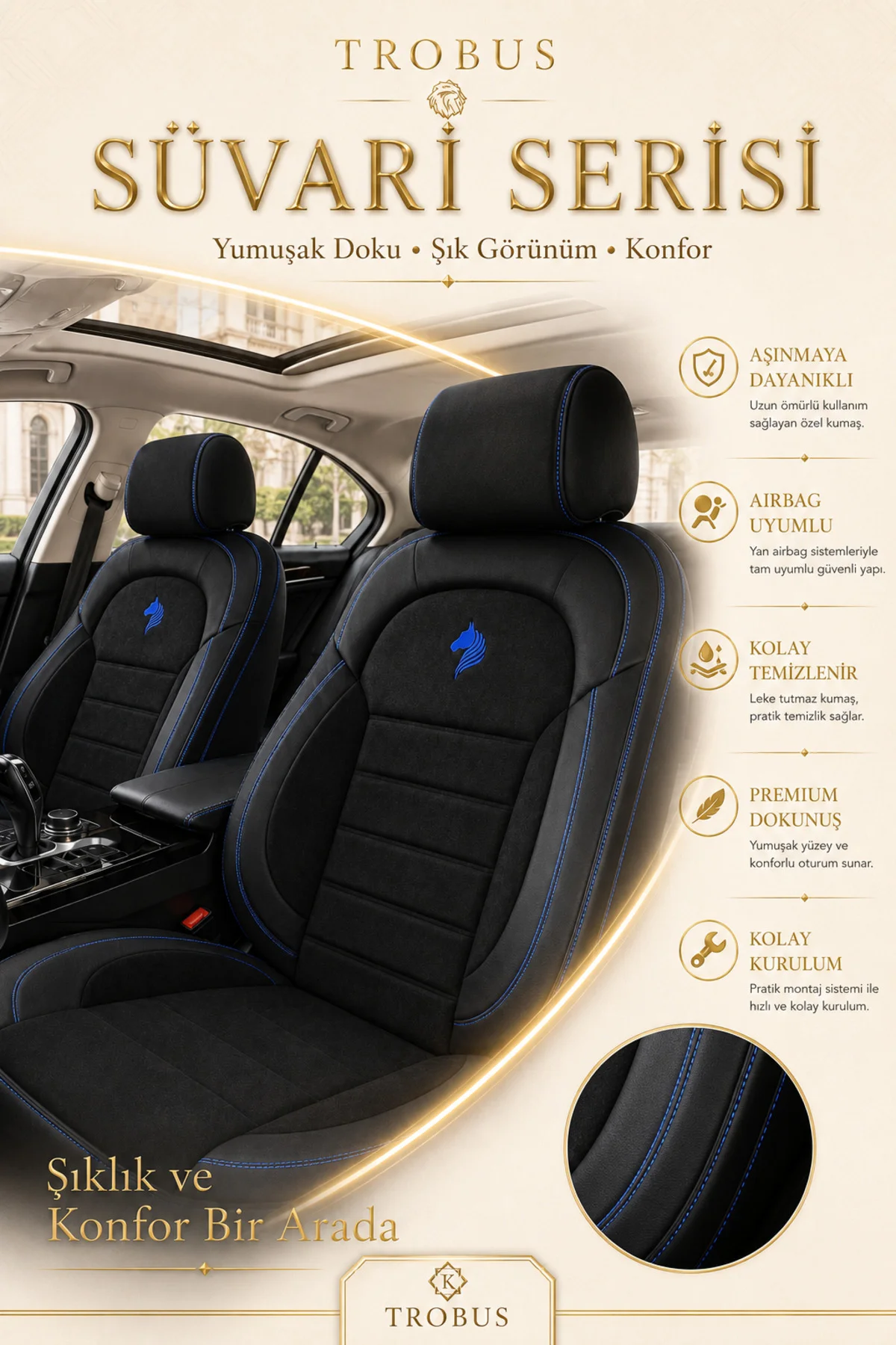 Ford Tourneo Courier 2024 Uyumlu Süvari Serisi 2+1 Ticari Tay Tüyü Siyah Mavi Koltuk Kılıfı