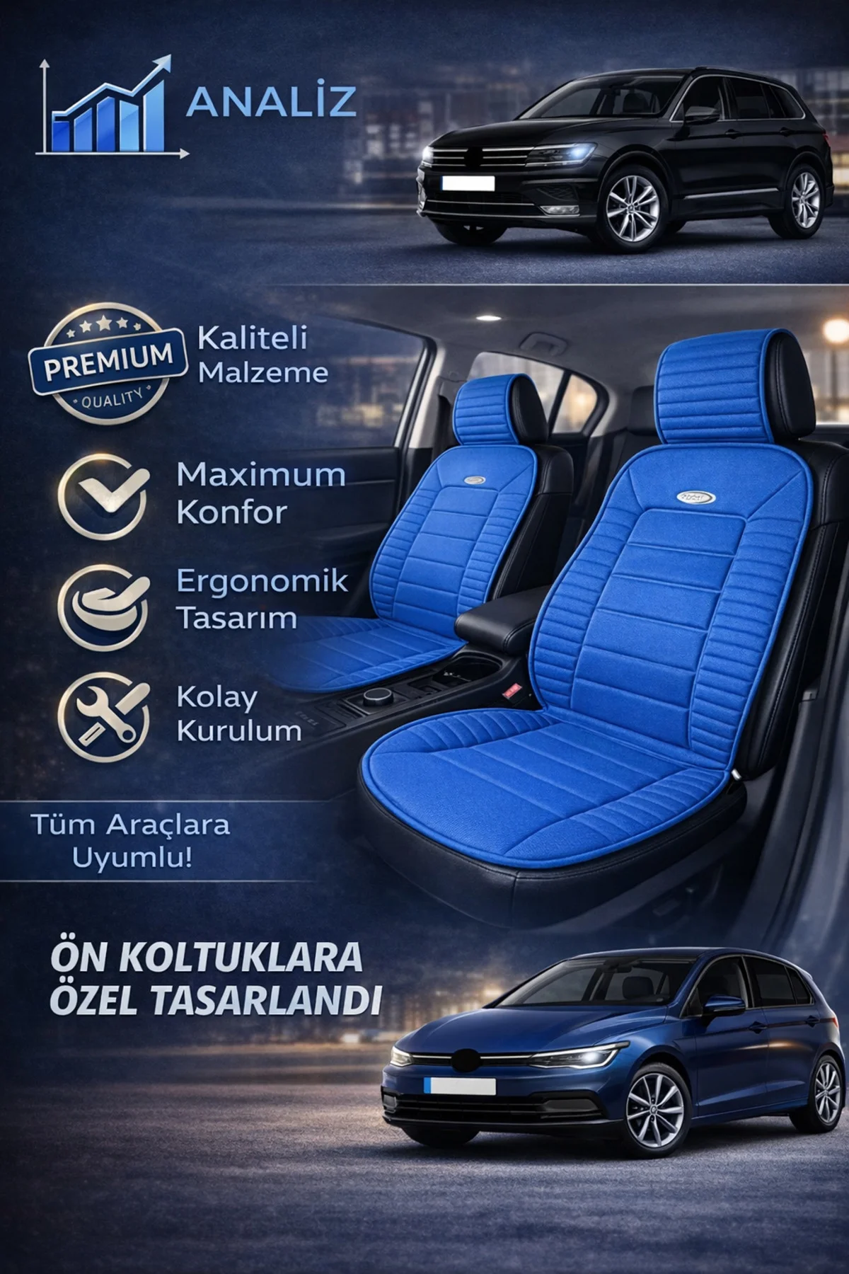 Ford TRANSİT 2014-2020 Uyumlu Vento 2 Parça Ön Oto Koltuk Minderi Terletmez Kaymaz Taban Mavi Fiyatı, Yorumları ve Özellikleri