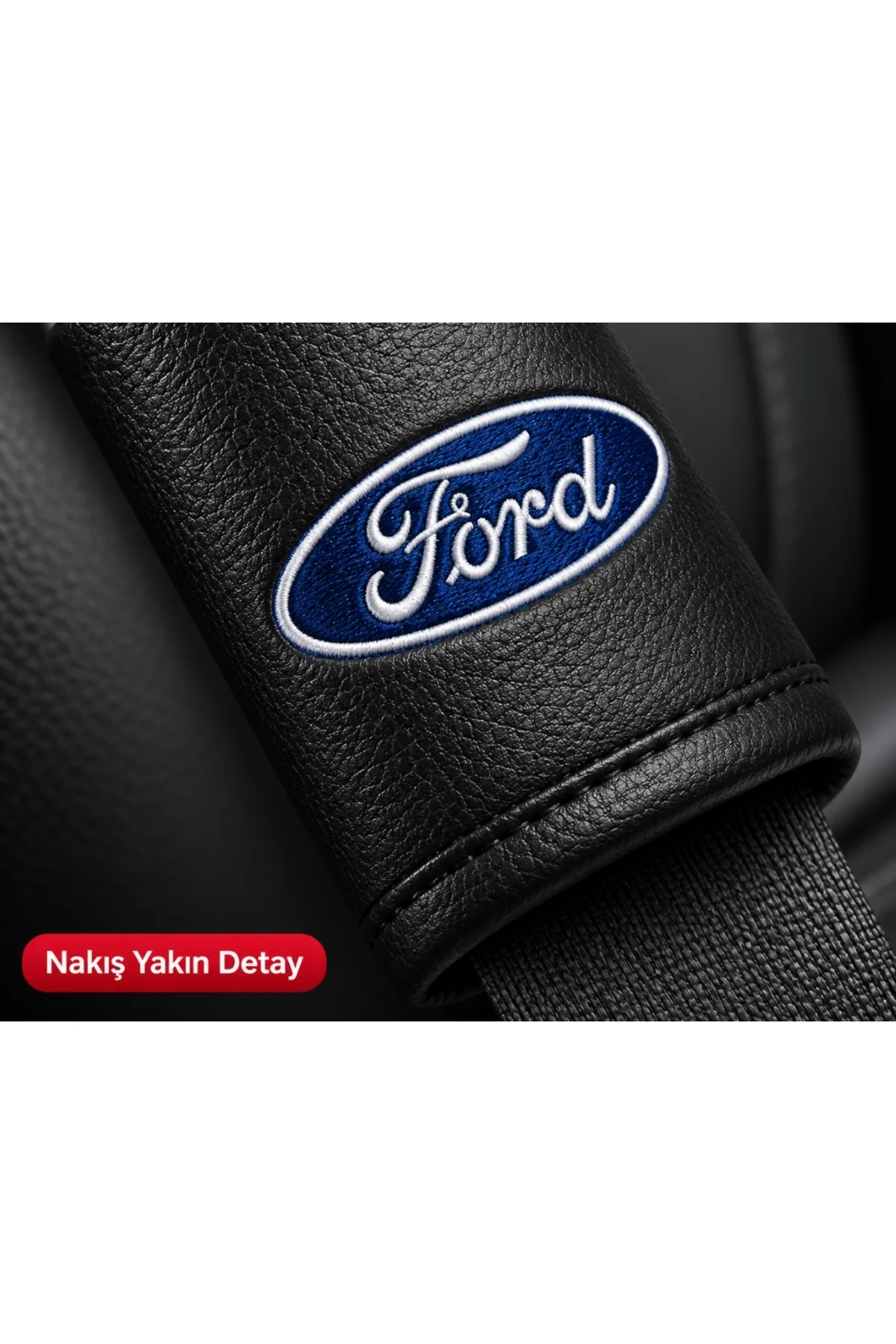 FORD Yeni Logo 18 Adet Beyaz Nakışlı Suni Deri Emniyet Kemeri Pedi – 6x23 cm Cırtlı Model Universal Uyumlu - Görsel 2