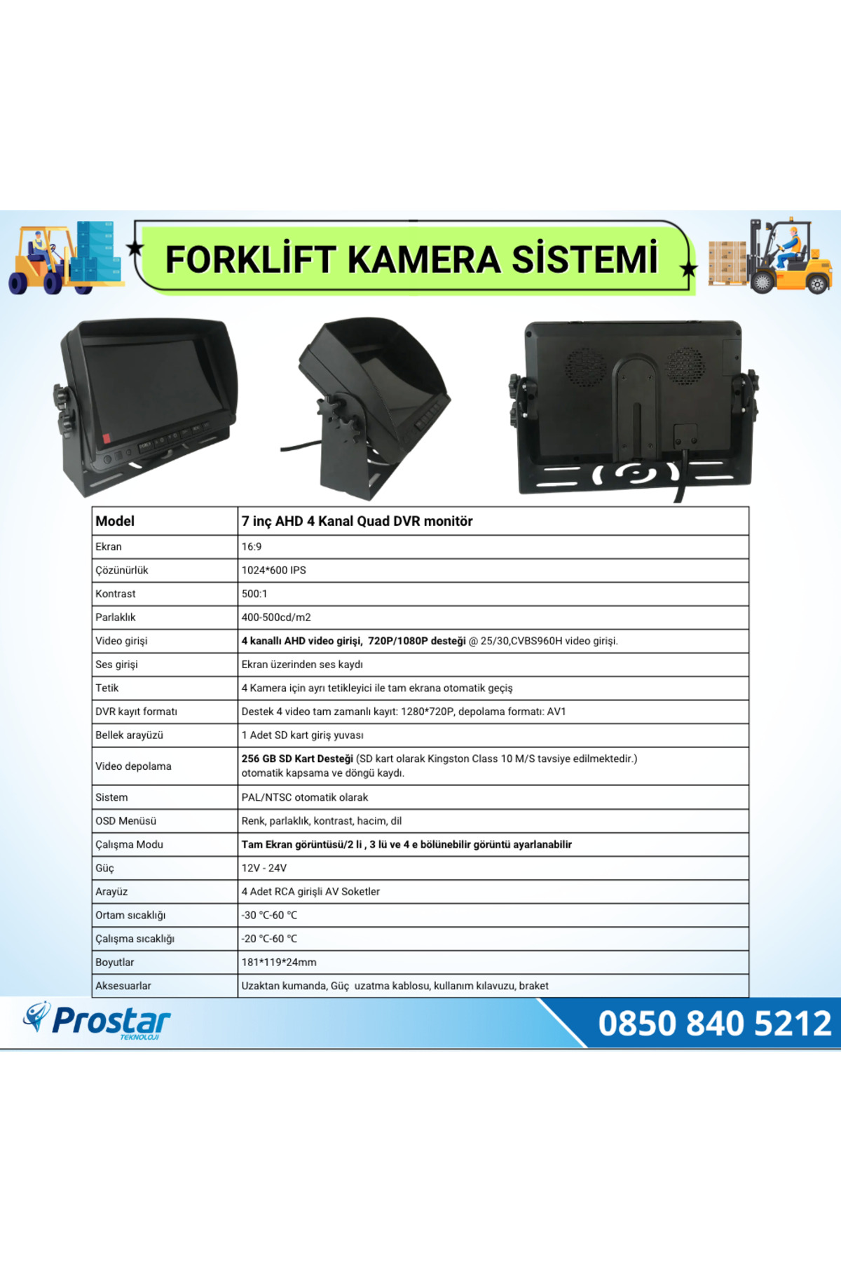 Navistar Forklift Kamera Sistemi Reach Truck 2 Kameralı 7 İnç Monitörlü Ka