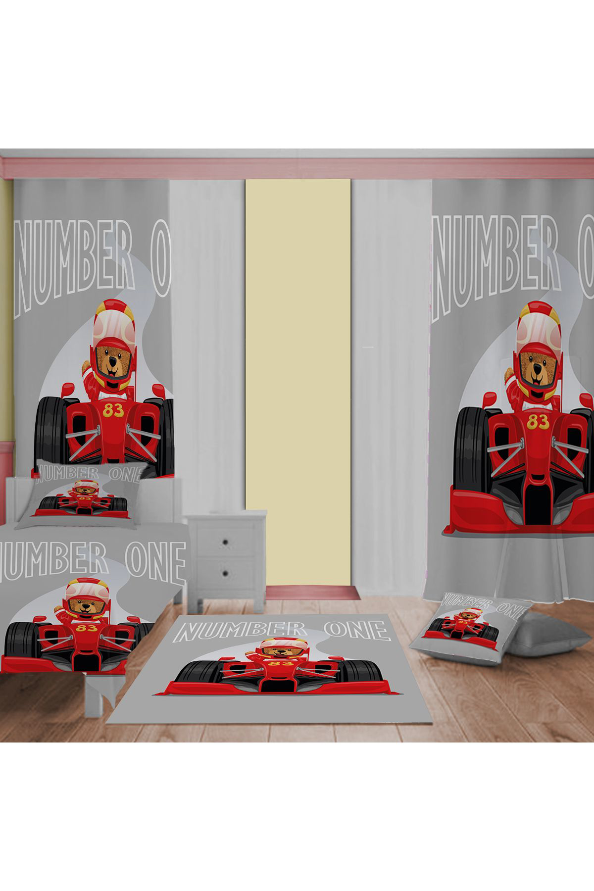 Evan Home Formula One Car Desenli Çocuk Odası Takım Perde (İki Kanat),Yatak Örtüsü,Yastık,Kırlent ,Halı,