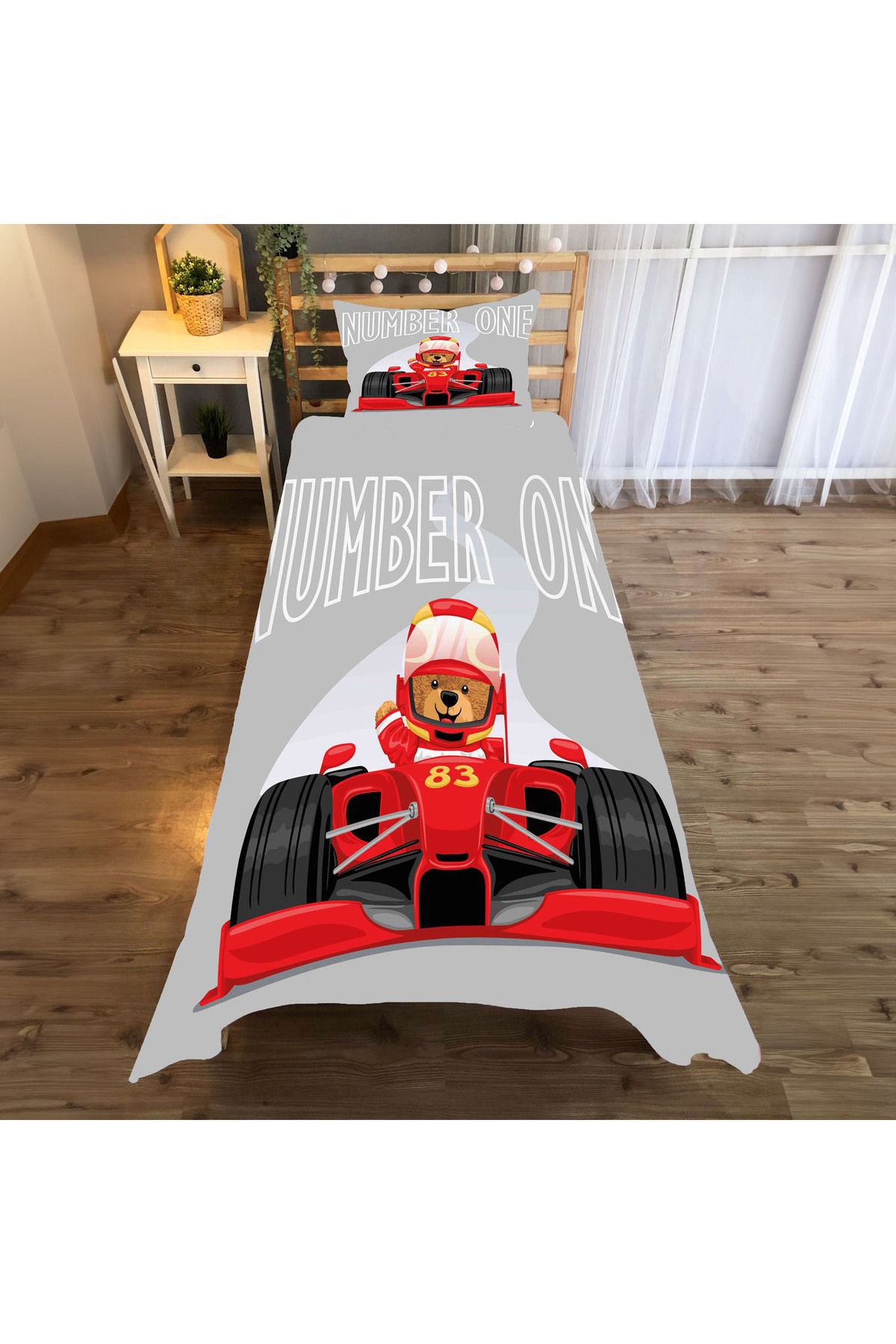 Evan Home Formula One Car Desenli Çocuk Odası Takım Perde (İki Kanat),Yatak Örtüsü,Yastık,Kırlent ,Halı,