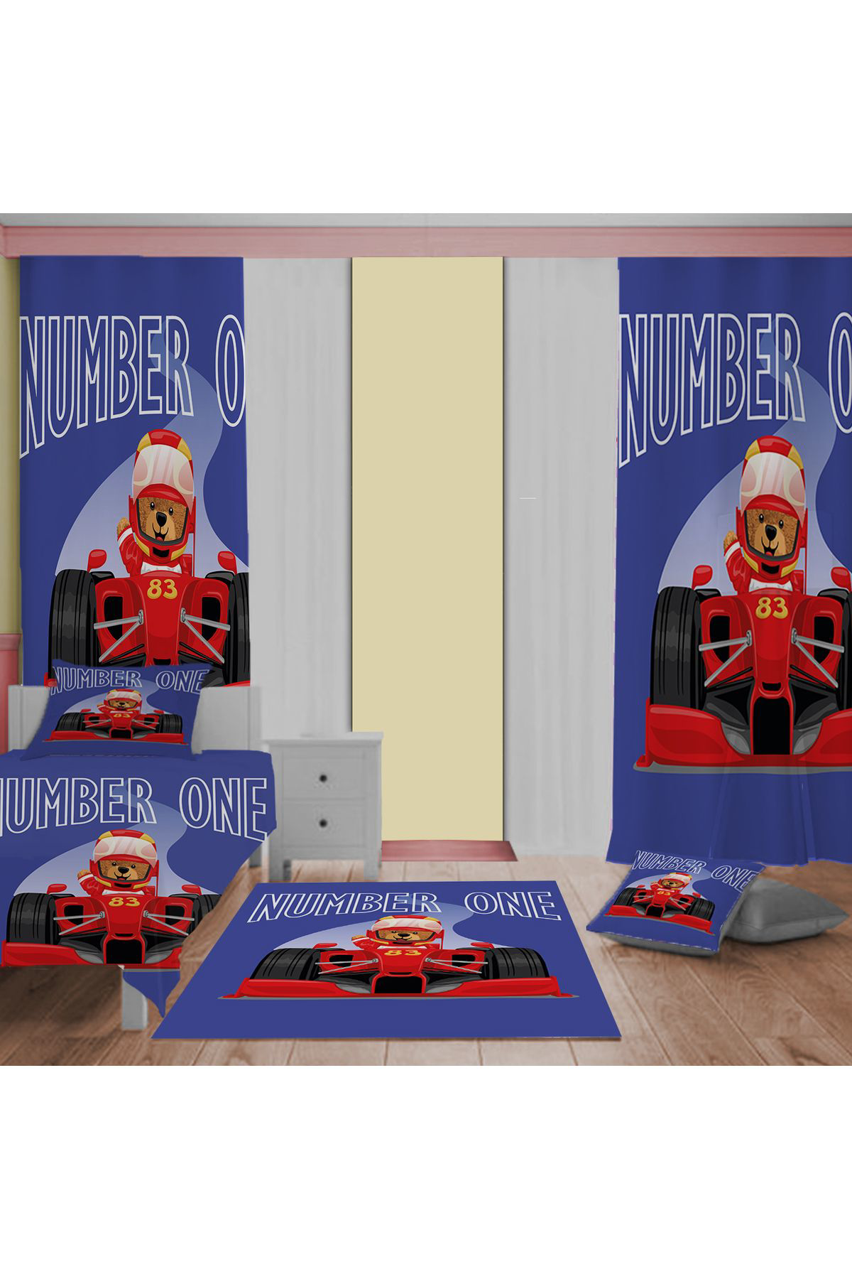 Evan Home Formula One Car Desenli Çocuk Odası Takım Perde (İki Kanat),Yatak Örtüsü,Yastık,Kırlent ,Halı