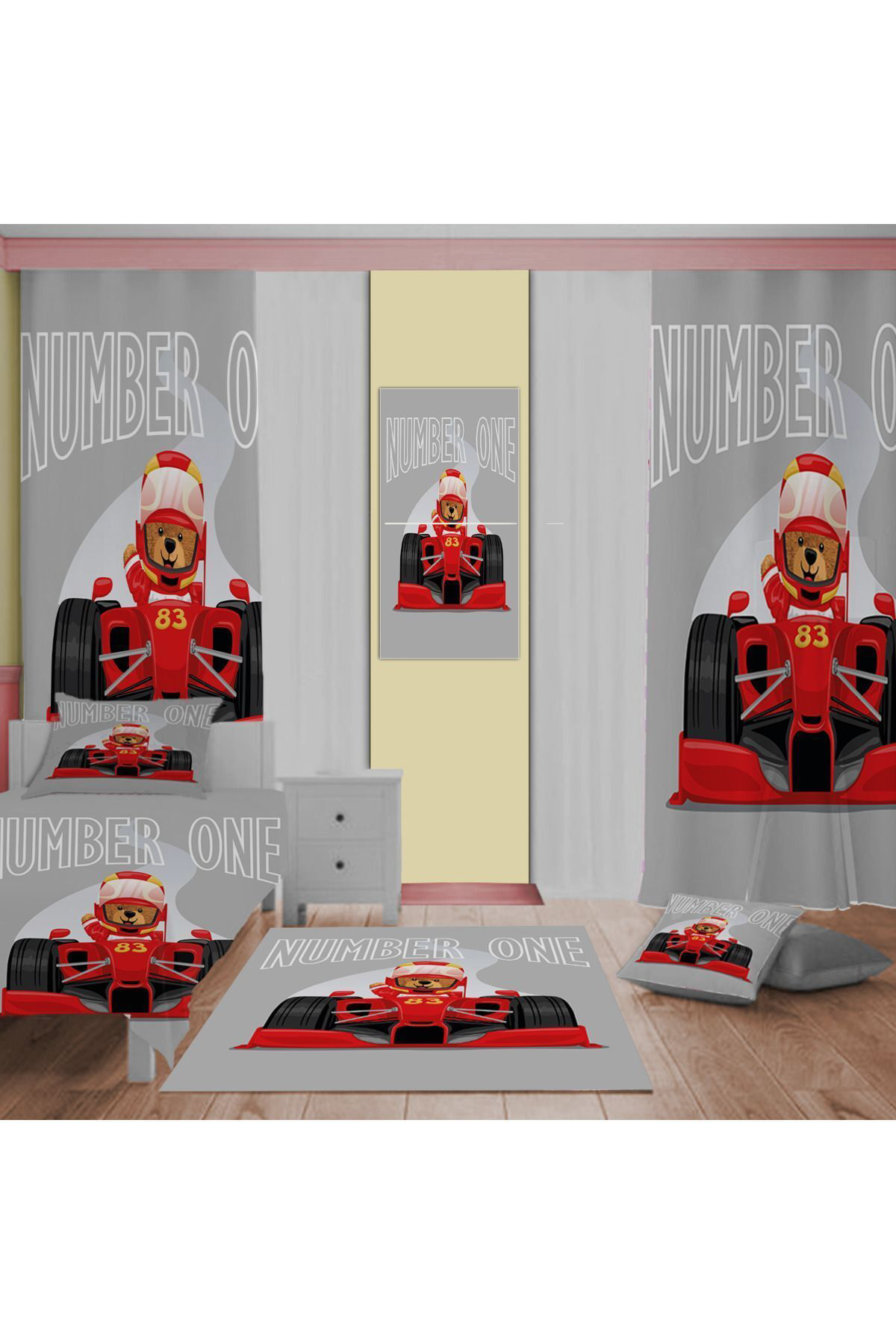 Evan Home Formula One Car Desenli Çocuk Odası Takım Perde (İki Kanat),Yatak Örtüsü,Yastık,Kırlent ,Halı,Tablo