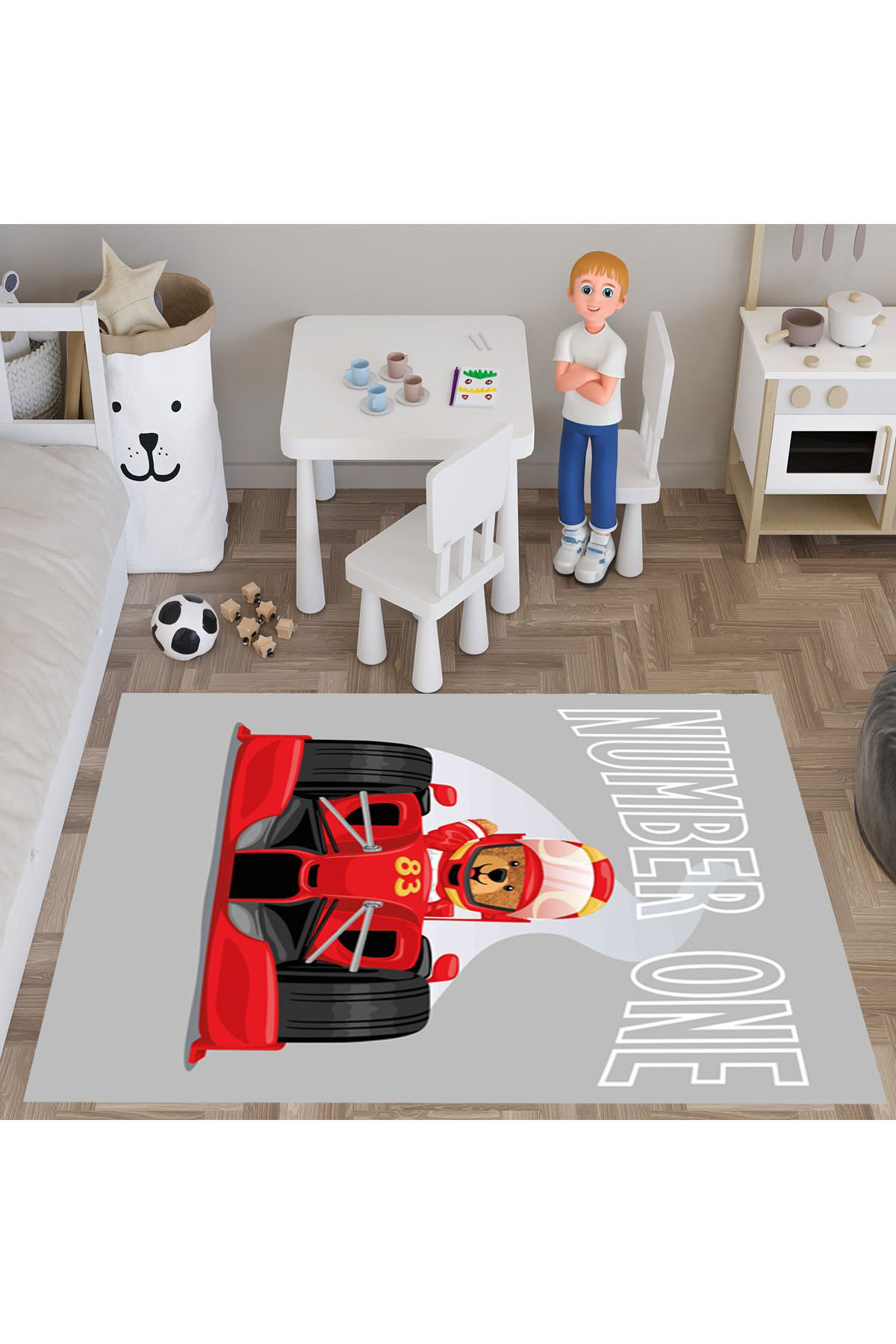 Evan Home Formula One Car Desenli Çocuk Odası Takım Perde (İki Kanat),Yatak Örtüsü,Yastık,Kırlent ,Halı,