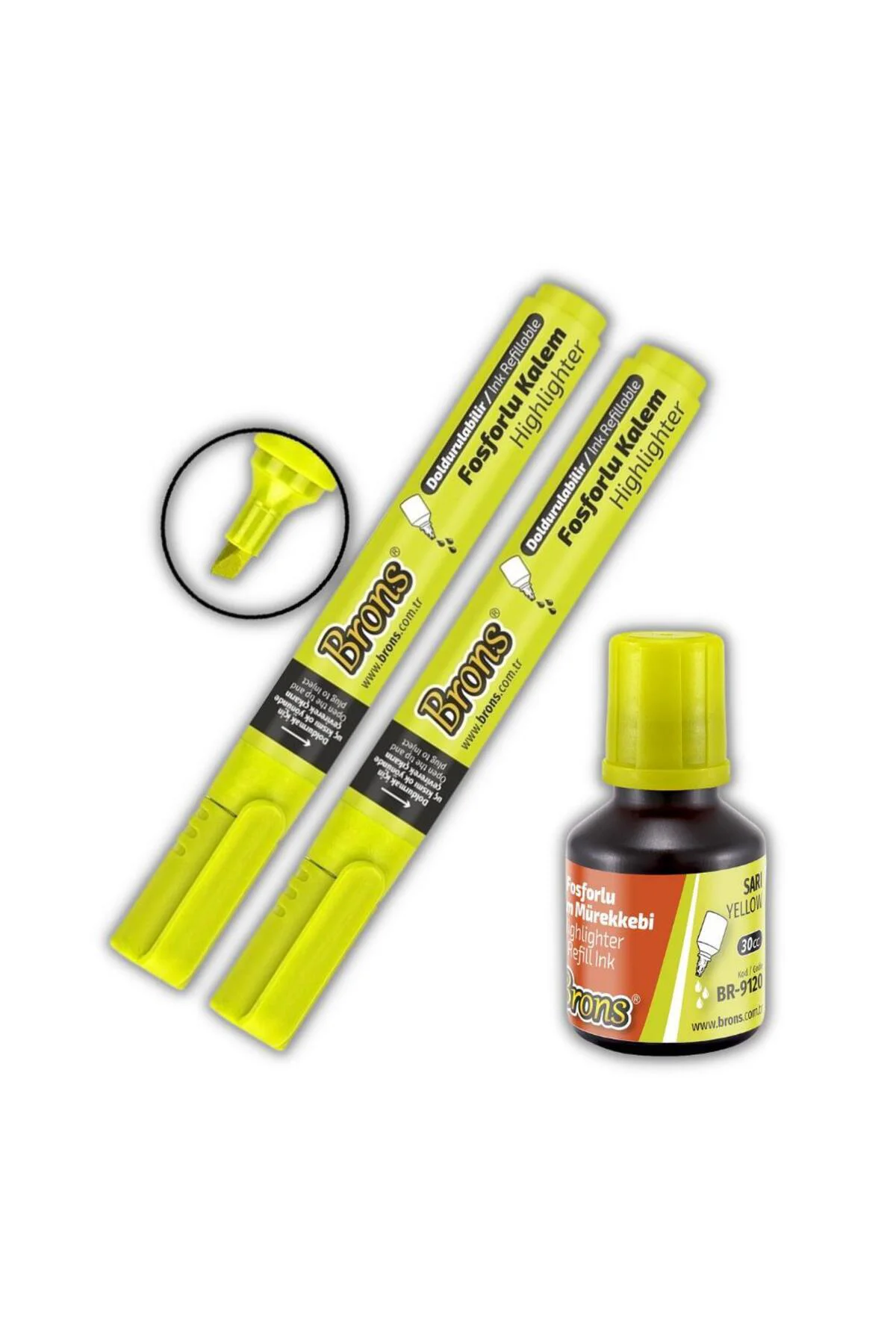 Fosforlu Kalem Sarı Doldurulabilir 2 Adet ve Mürekkebi 30ml 1 Ade