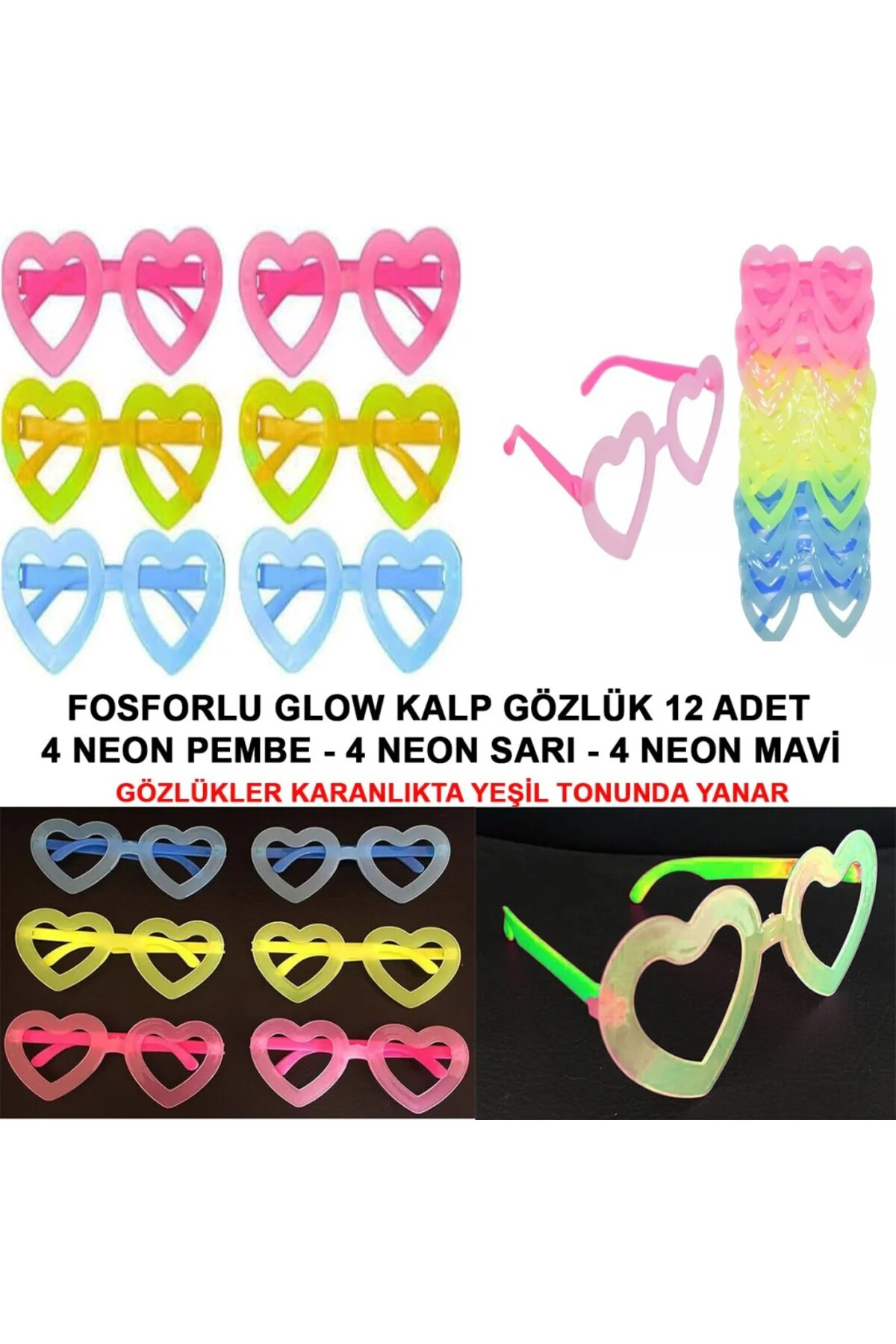 Fosforlu Kalp Gözlük 12 Adet – 80’ler 90’lar Parti Stili