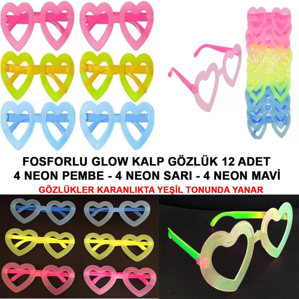 Fosforlu Kalp Model Glow Parti Gözlüğü Karanlıkta Yanan Gözlükler