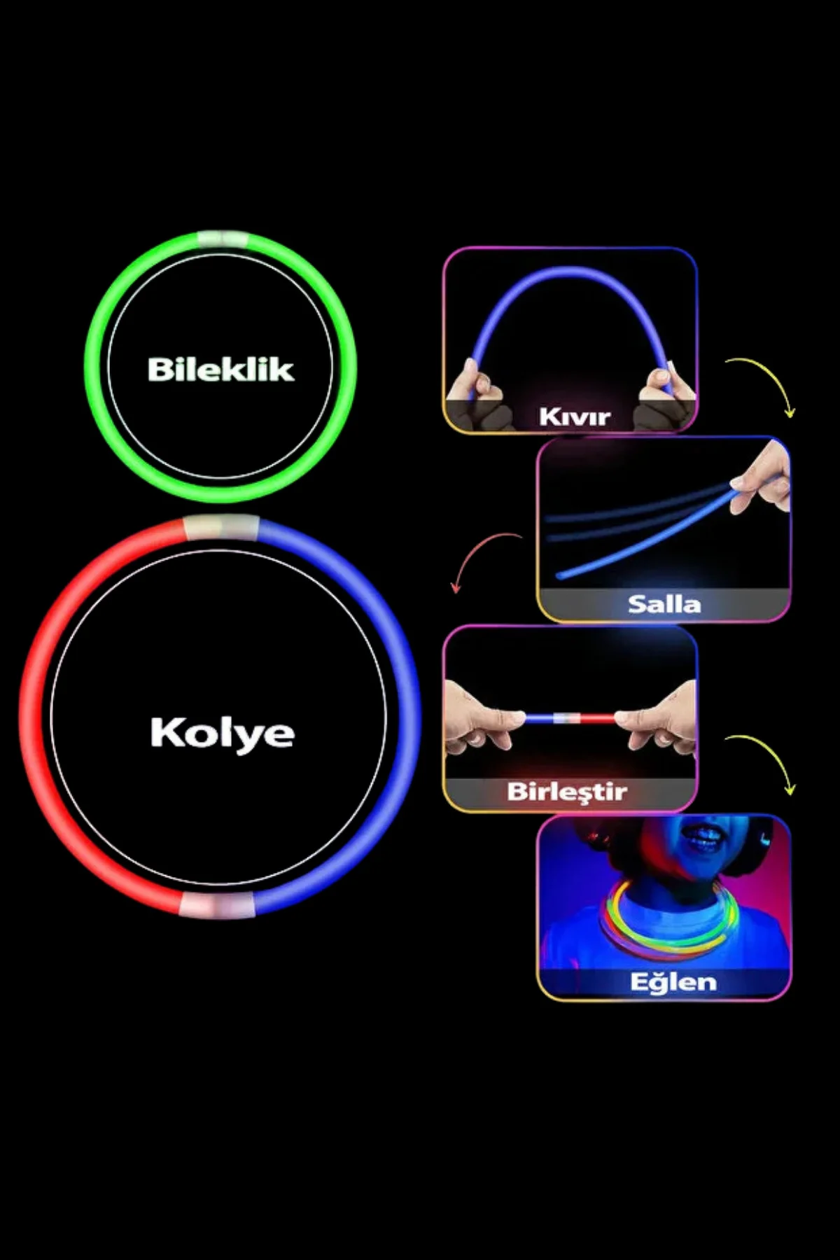 Fosforlu Karanlıkta Parlayan Neon Parti Çubukları (50 Çubuk - 50 Bağlama Aparatı) - Glow Stick