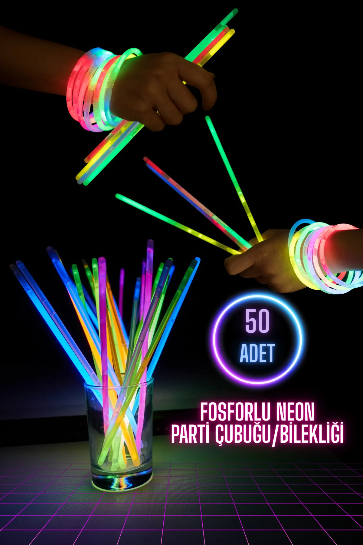 Fosforlu Karanlıkta Parlayan Neon Parti Çubukları (50 Çubuk - 50 Bağlama Aparatı) - Glow Stick