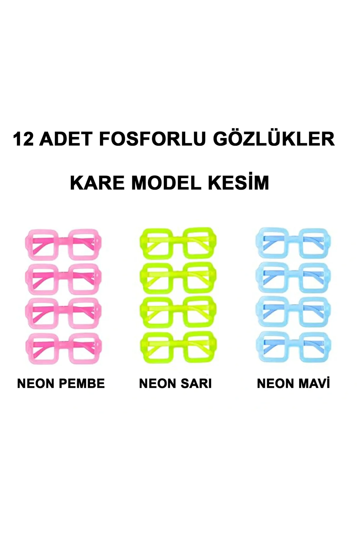 Fosforlu Kare Model Glow Parti Gözlüğü Karanlıkta Yanan Gözlükler 12 Adet - Görsel 2