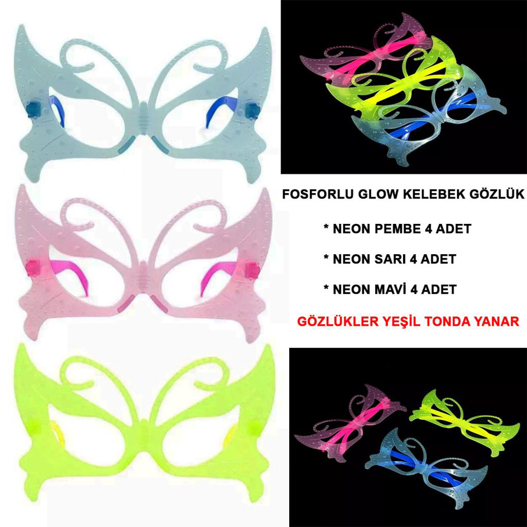 Fosforlu Kelebek Model Glow Parti Gözlüğü Karanlıkta Yanan Gözlük Fosforlu Kelebek Model Glow Parti Gözlüğü Karanlıkta Yanan Gözlük