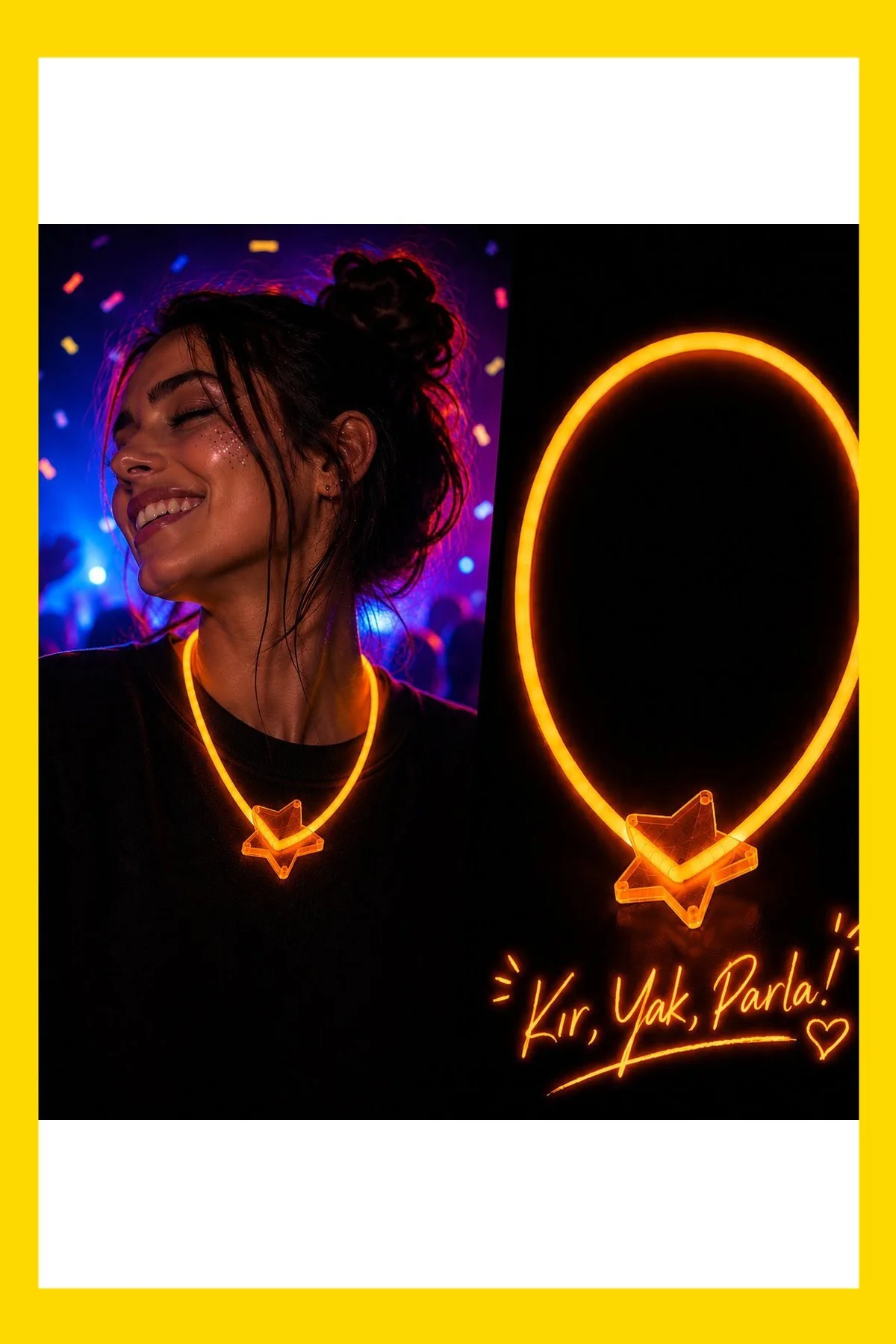 Fosforlu Yıldız Parti Kolyesi Neon Işıklı Kolye Turuncu Renk