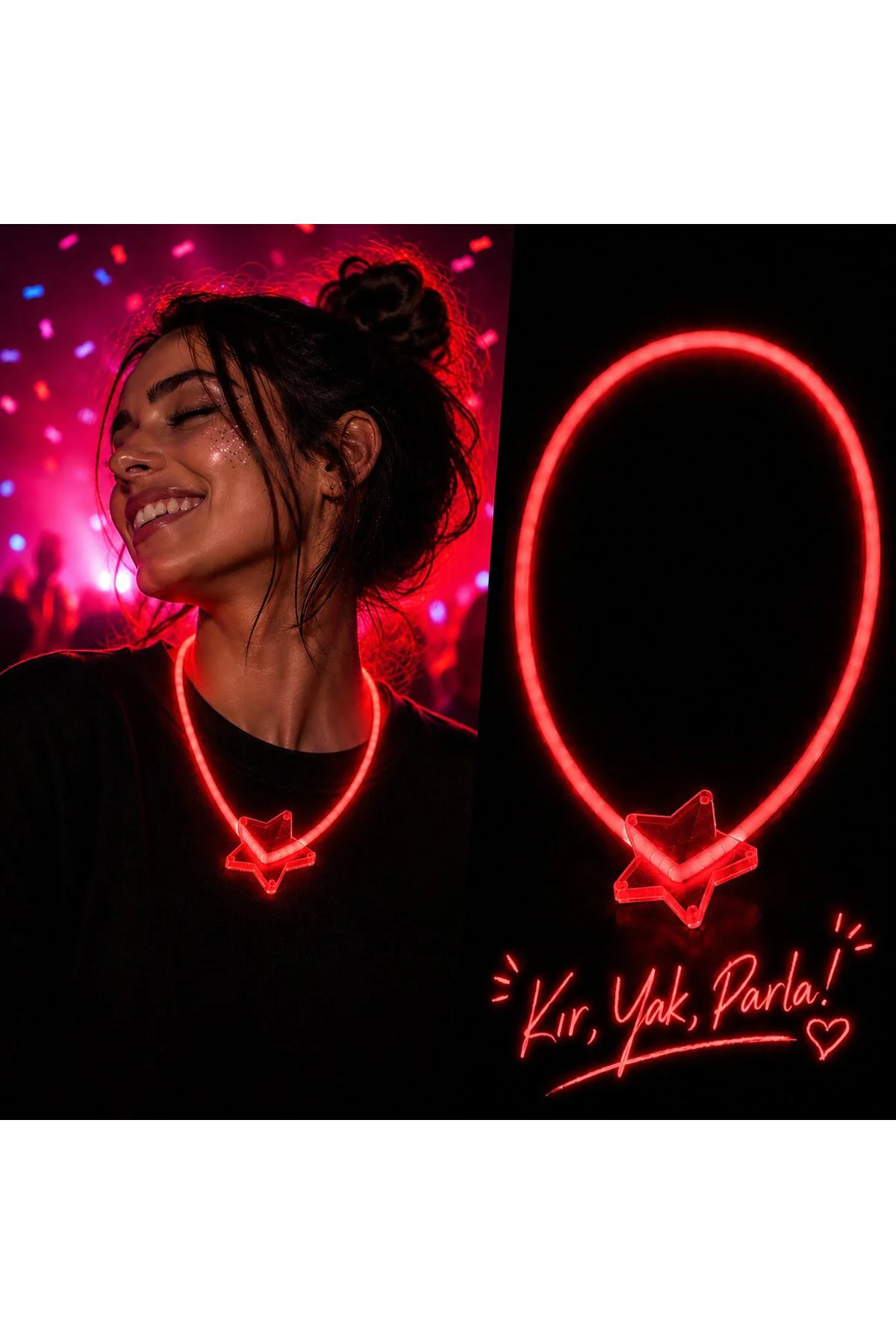 Fosforlu Yıldız Parti Kolyesi – Neon Işıklı Kolye Kırmızı Renk