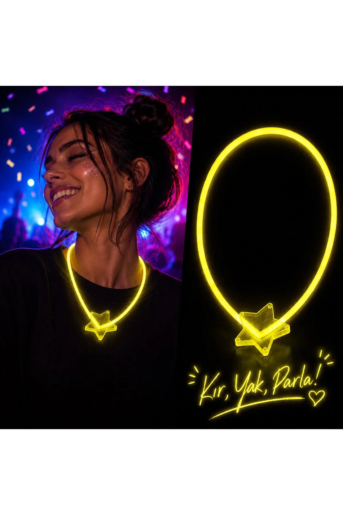 Fosforlu Yıldız Parti Kolyesi – Neon Işıklı Kolye Sarı Renk
