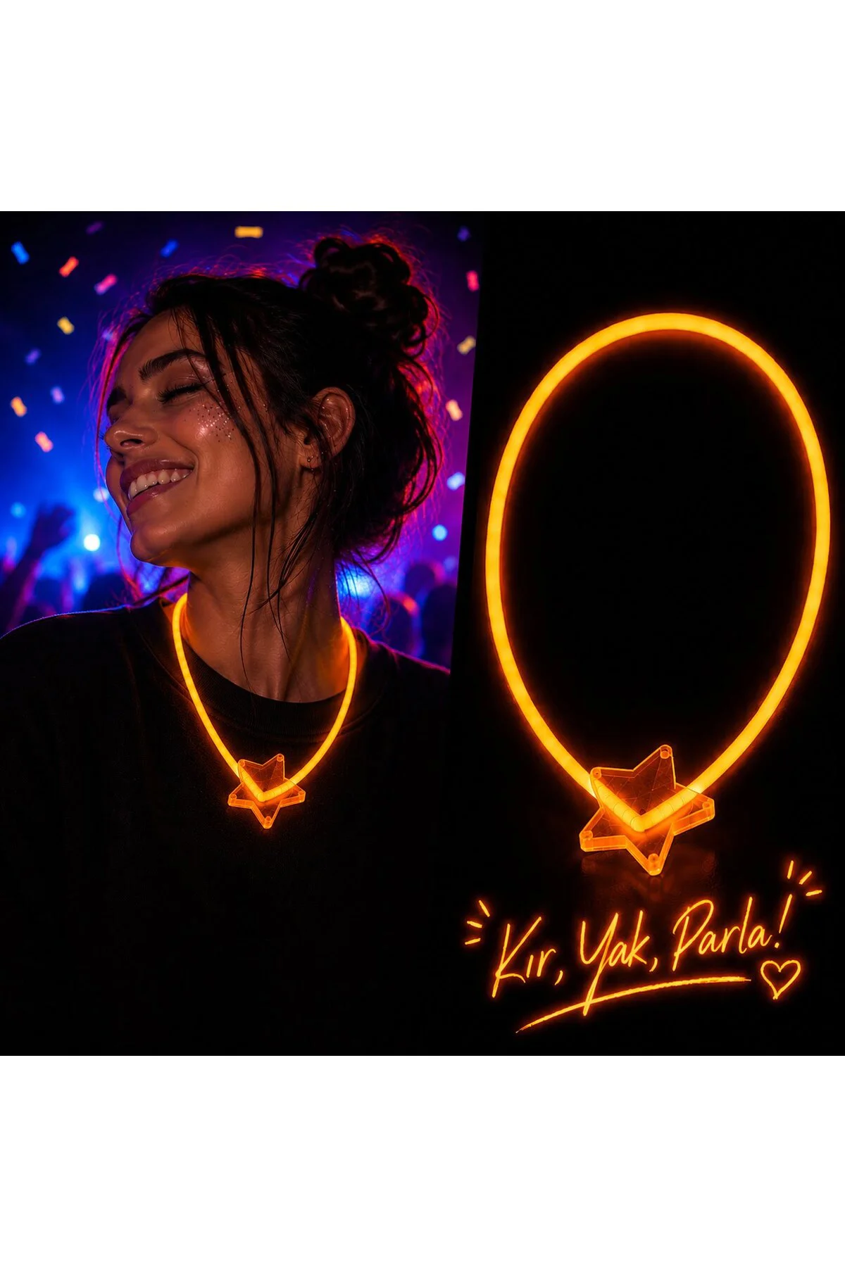Fosforlu Yıldız Parti Kolyesi – Neon Işıklı Kolye Turuncu Renk
