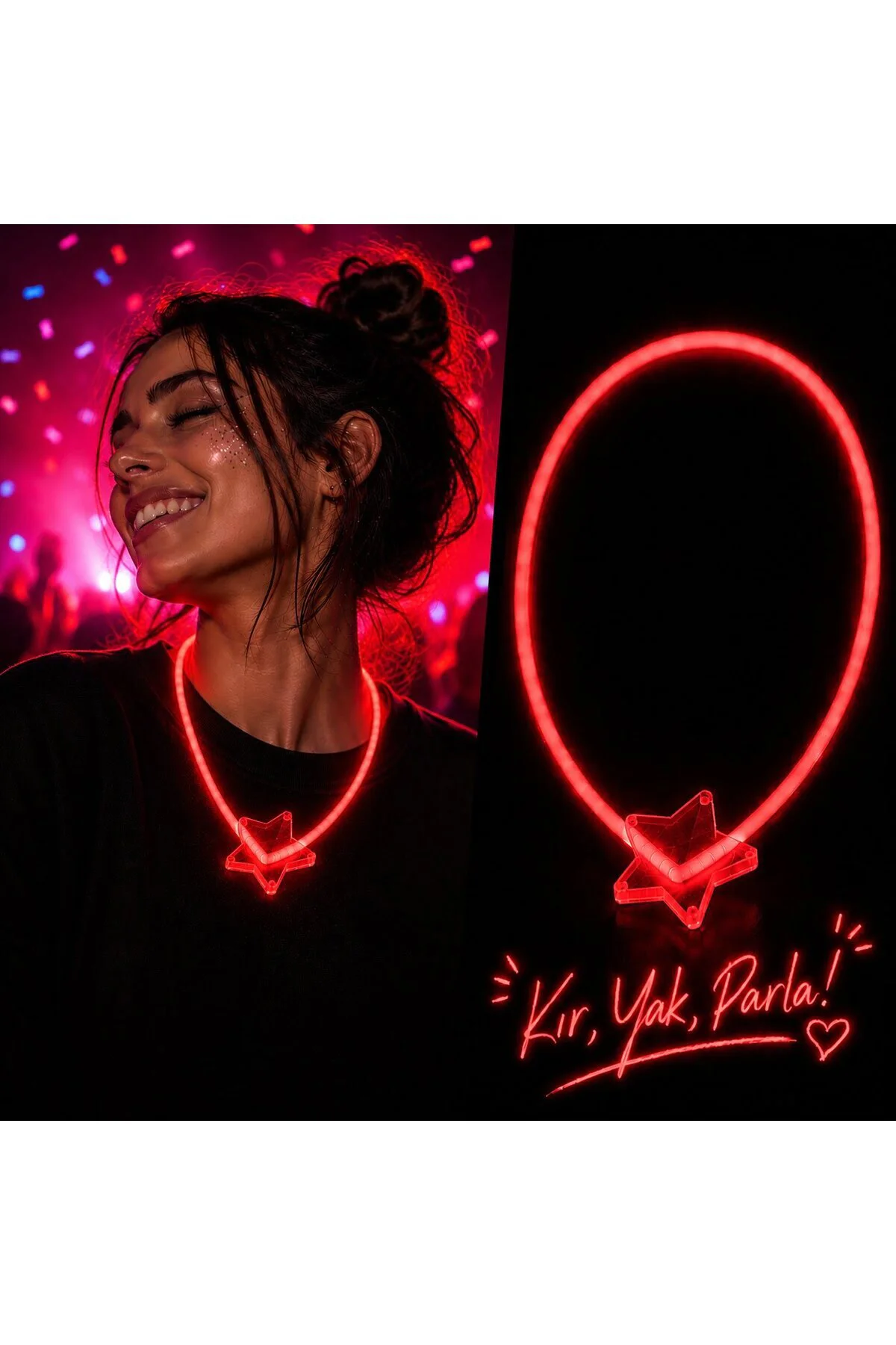 Fosforlu Yıldız Parti Kolyesi - Neon Işıklı Kolye Kırmızı Renk Fosforlu Yıldız Parti Kolyesi - Neon Işıklı Kolye Kırmızı Renk