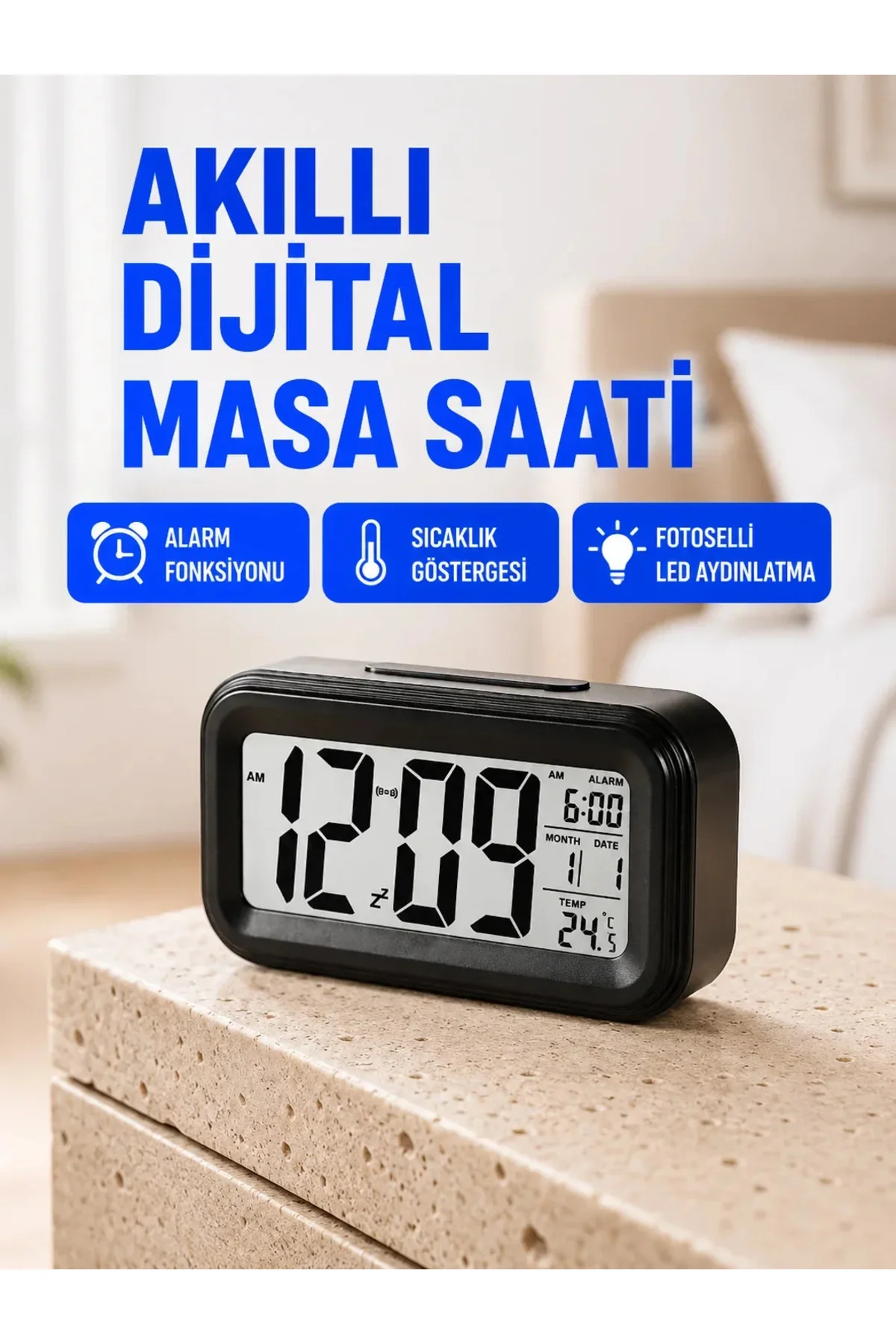 Fotoselli Dijital Masa Saati Aydınlatmalı Alarm ve Tarih Göstergeli Fotoselli Dijital Masa Saati Aydınlatmalı Alarm ve Tarih Göstergeli