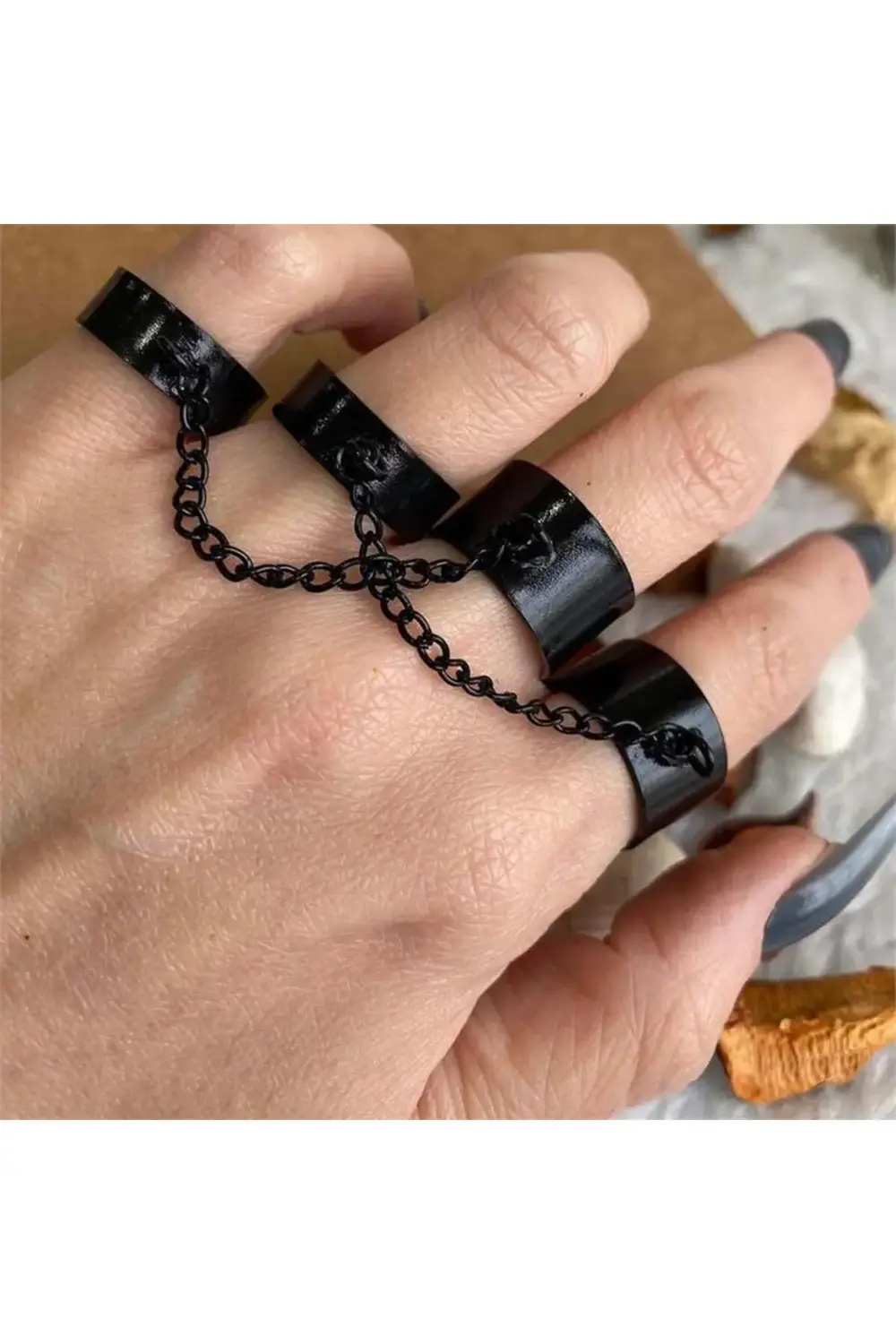 Four Finger Chain Siyah Ayarlanabilir Yüzük