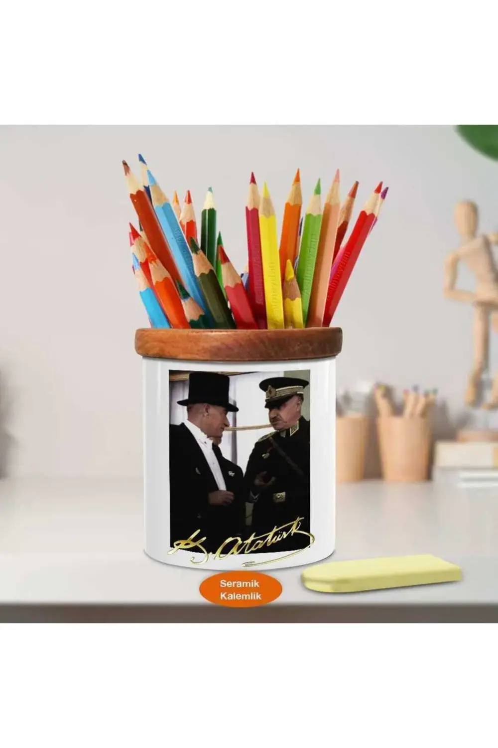 Fraklı Atatürk Ve Komutan Ahşap Seramik Kalemlik -r220