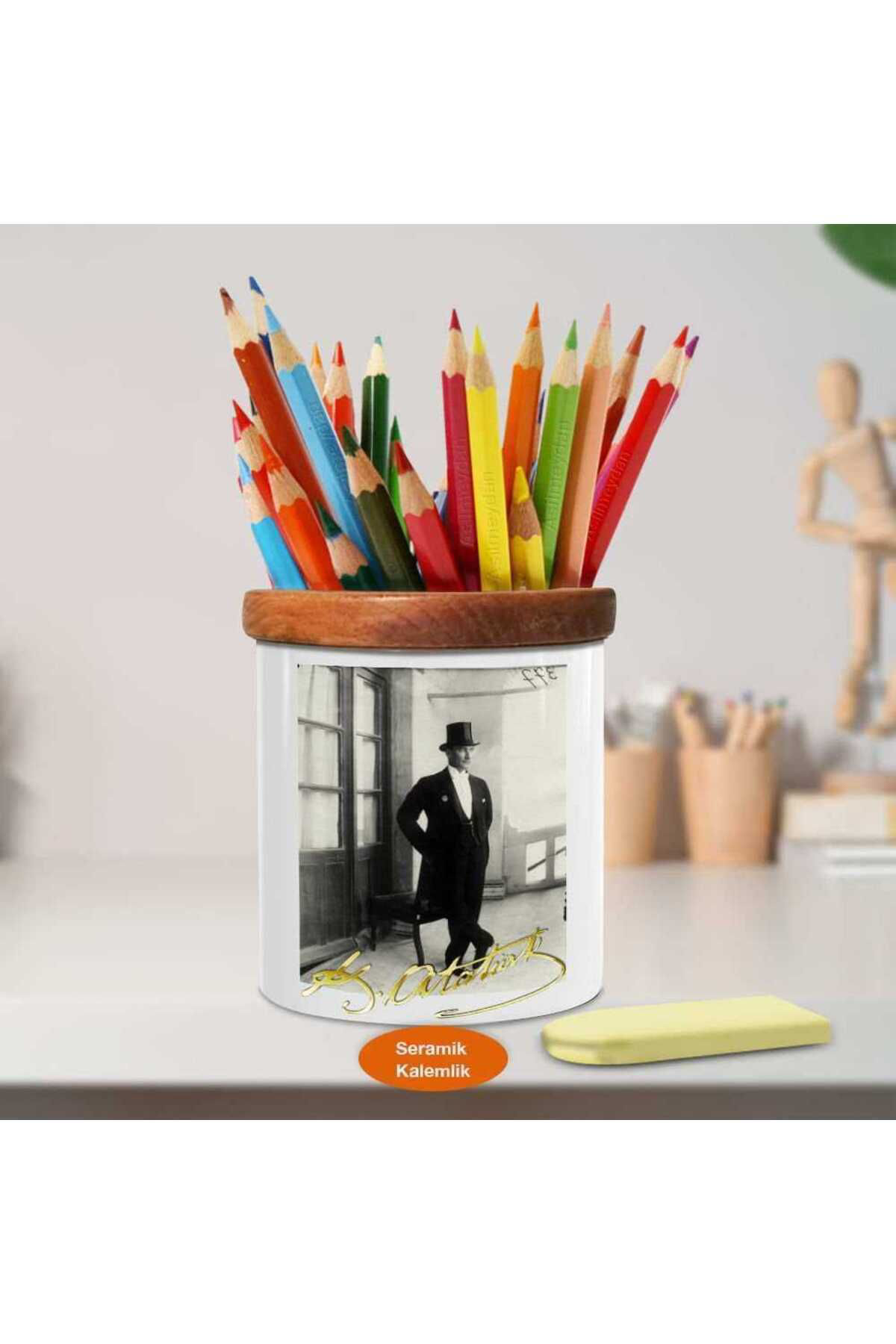 Asilmeydan Fraklı Mustafa Kemal Atatürk Ahşap Seramik Kalemlik - Ataturk_03