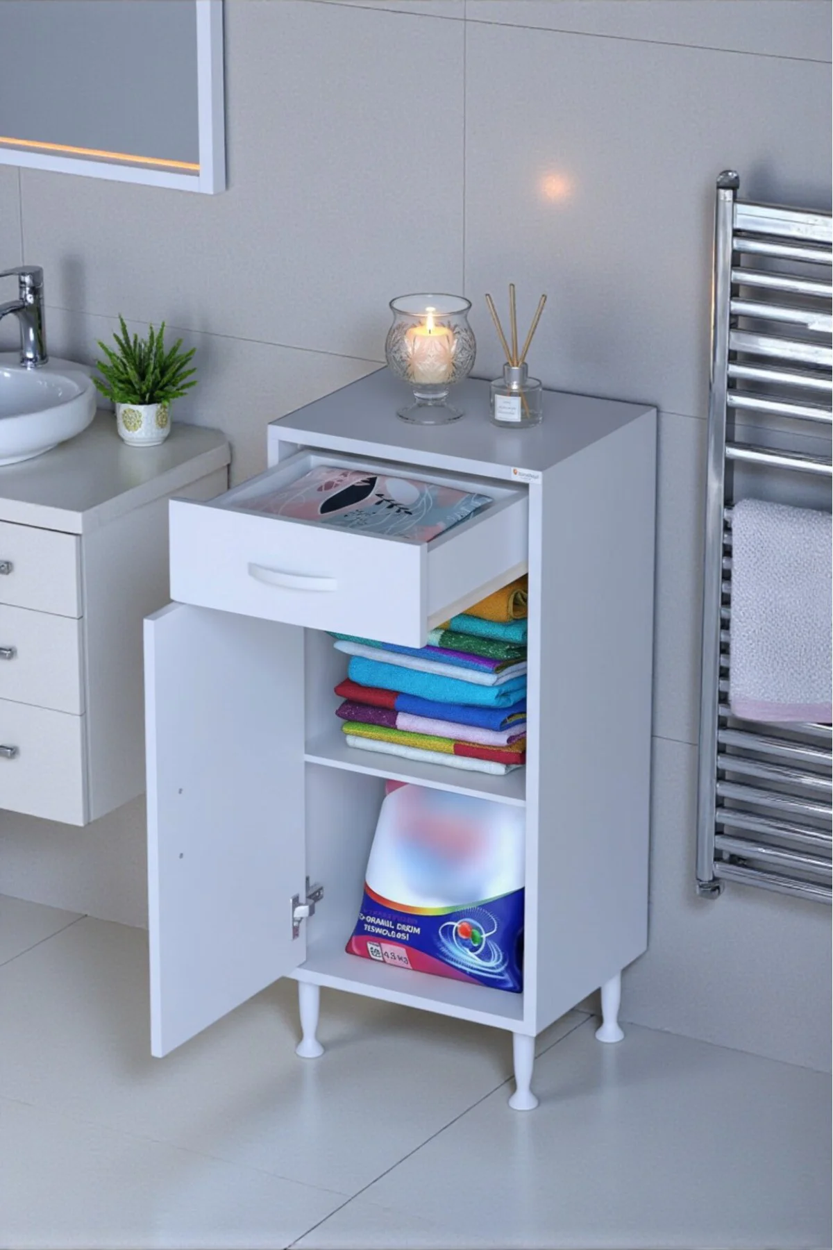 Fre 35 cm Çok Amaçlı Dolap 1 Raflı Tek Çekmeceli Banyo Mutfak Dol