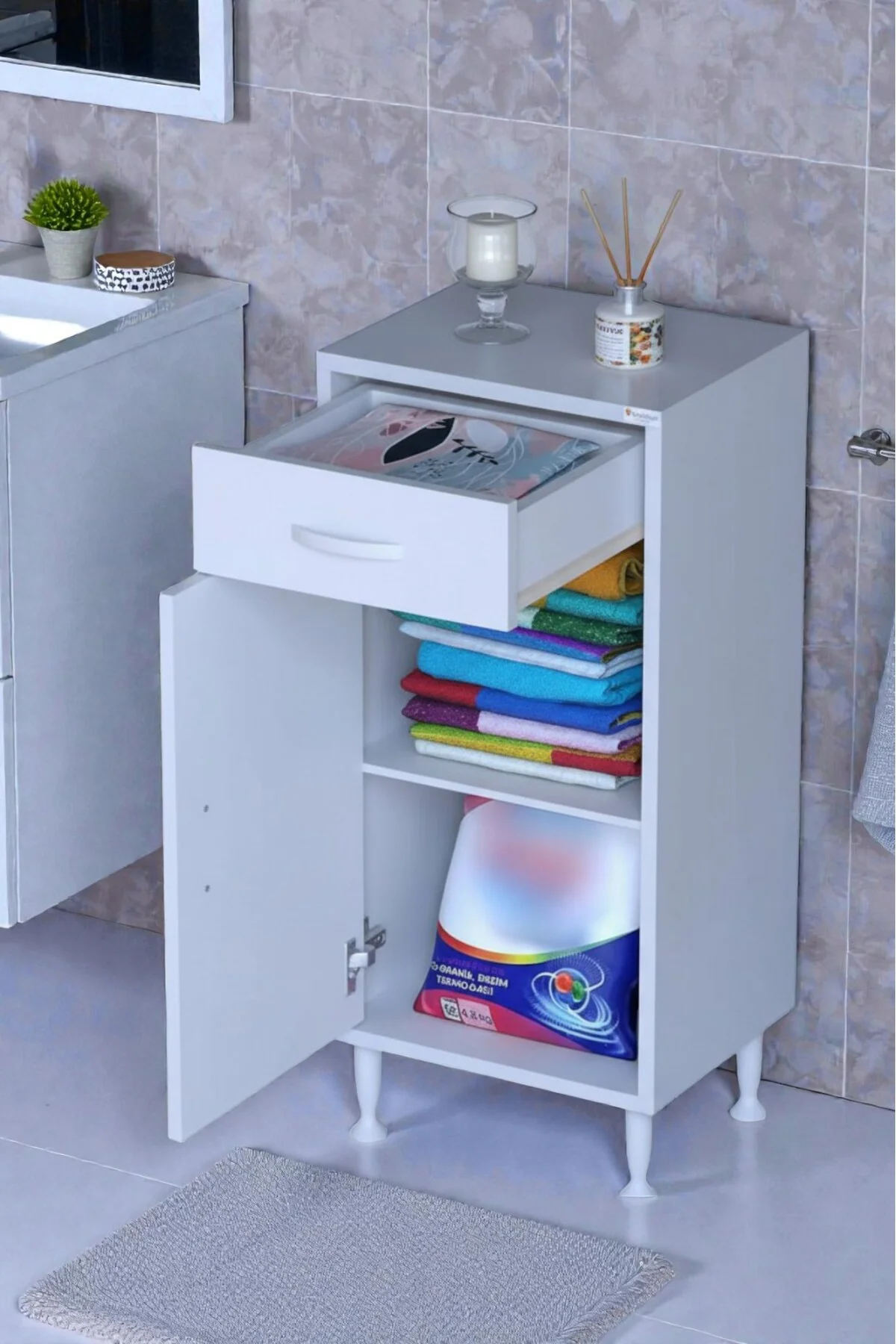 Fre 45 cm Çok Amaçlı Dolap 1 Raflı Tek Çekmeceli Banyo Mutfak Dol