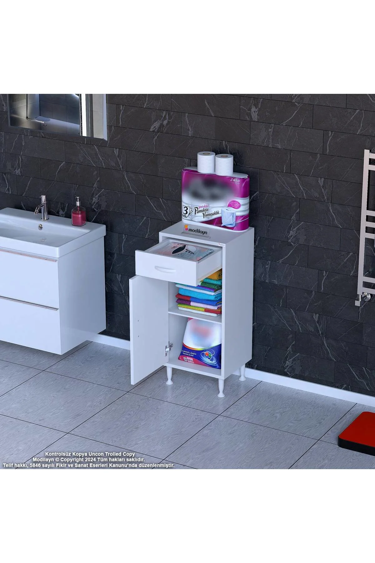 Fre 50 cm Çok Amaçlı Dolap 1 Raflı Tek Çekmeceli Banyo Mutfak Dol