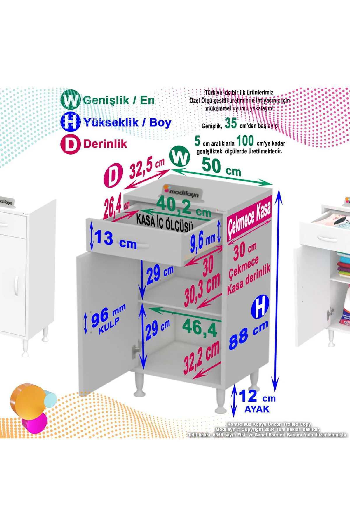 Fre 50 cm Çok Amaçlı Dolap 1 Raflı Tek Çekmeceli Banyo Mutfak Dol