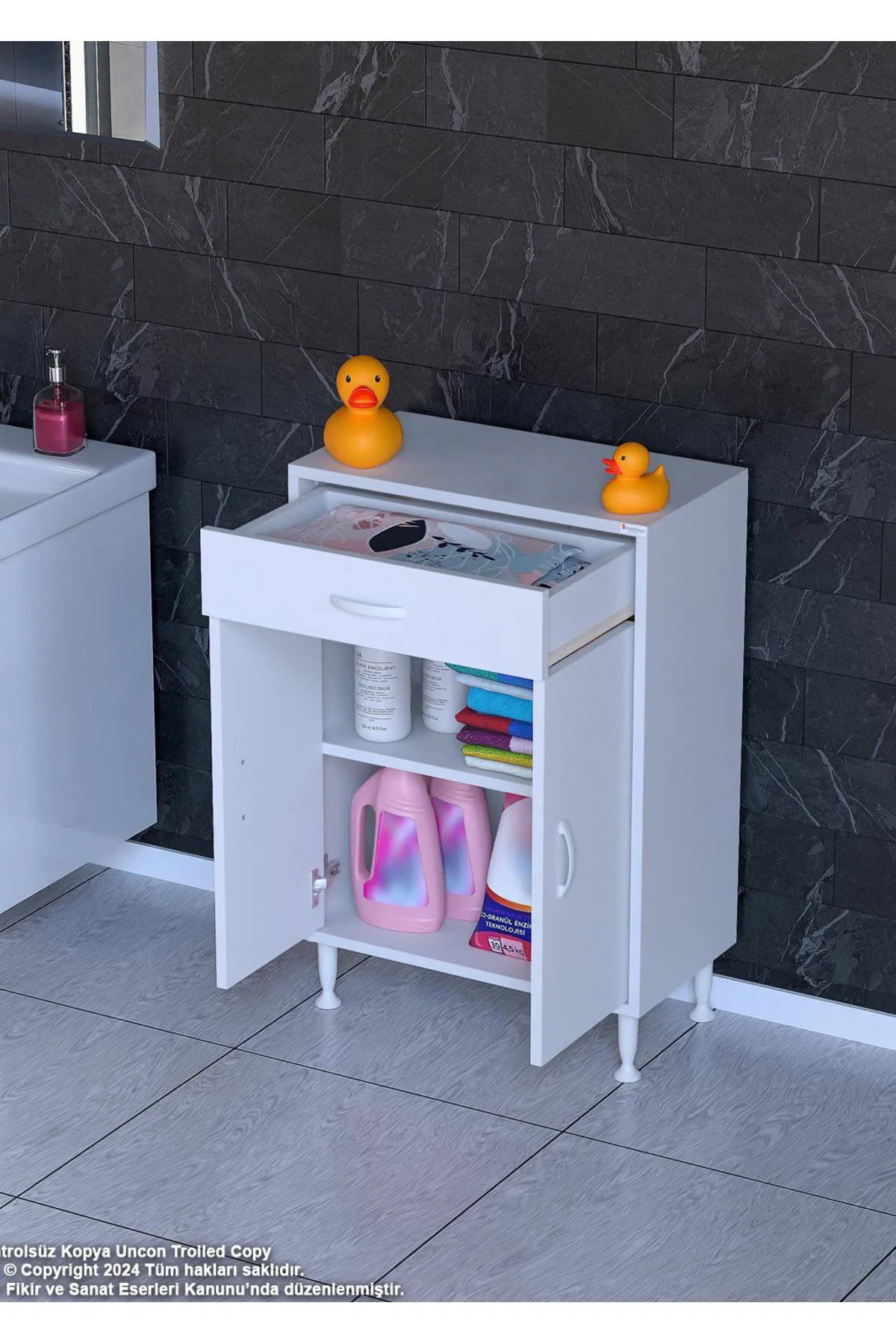 Fre 55 cm Çok Amaçlı Dolap 1 Raflı Tek Çekmeceli Banyo Mutfak Dol